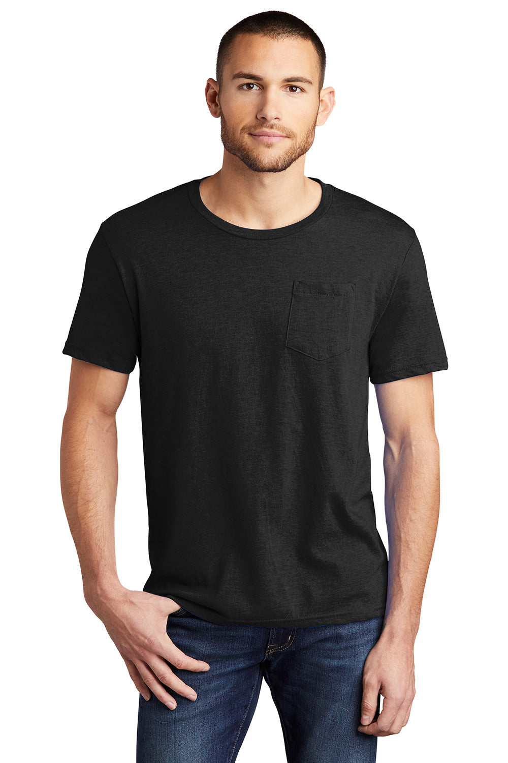 District DT6000P Mens Very Important Short Sleeve Crewneck T-Shirt w/ Pocket Black Model Front