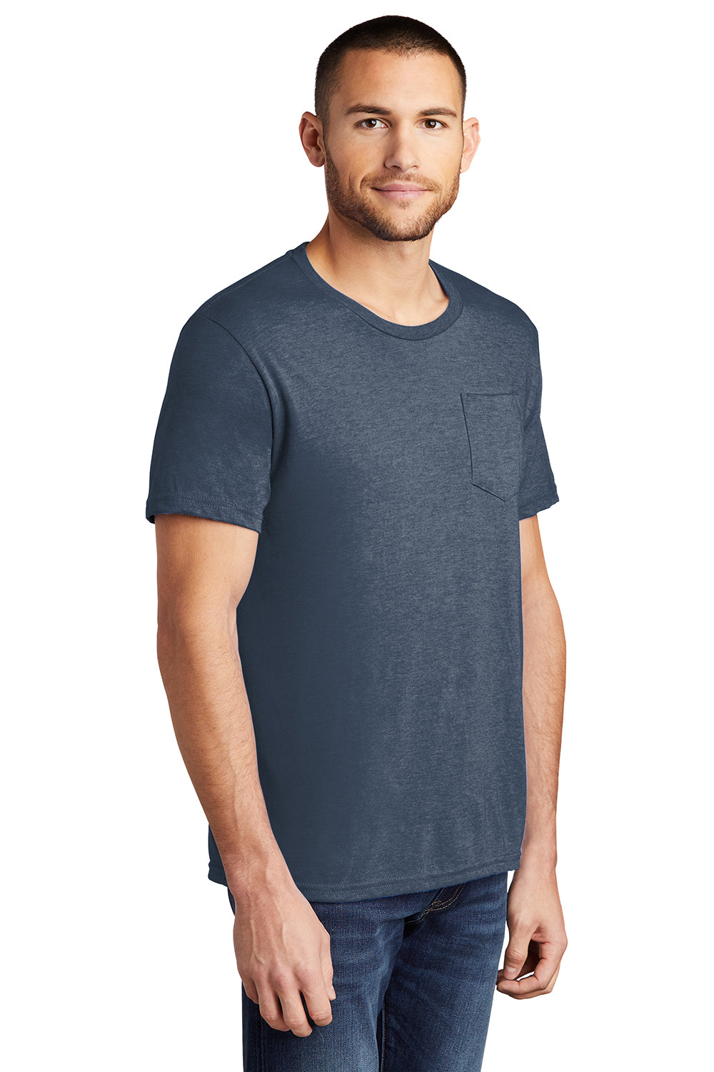 District DT6000P Mens Very Important Short Sleeve Crewneck T-Shirt w/ Pocket Heather Navy Blue Model 3q