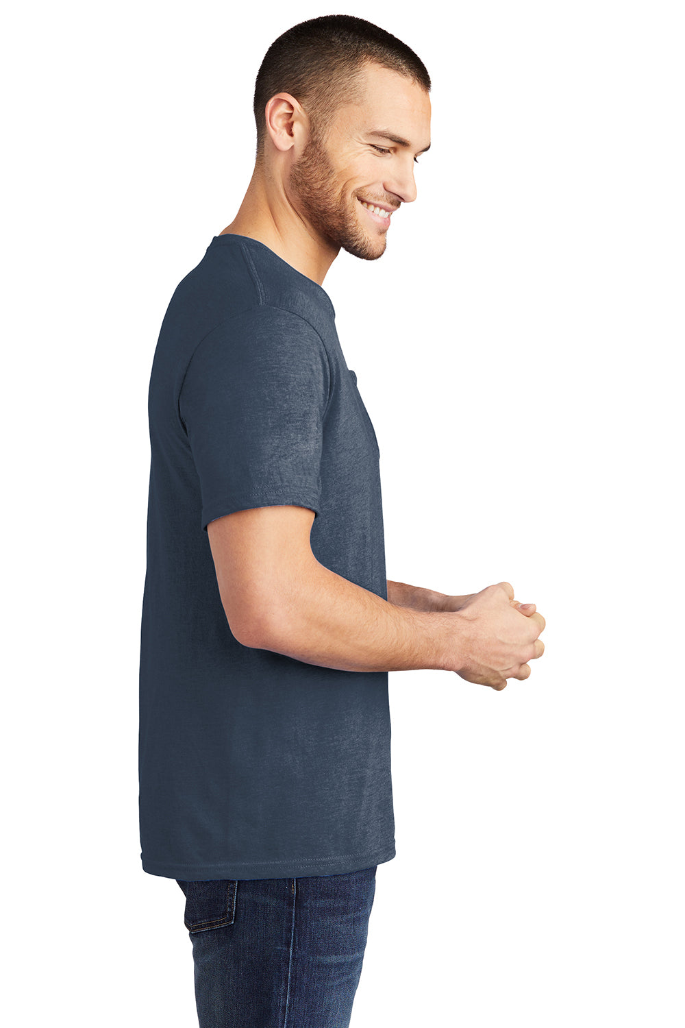 District DT6000P Mens Very Important Short Sleeve Crewneck T-Shirt w/ Pocket Heather Navy Blue Model Side