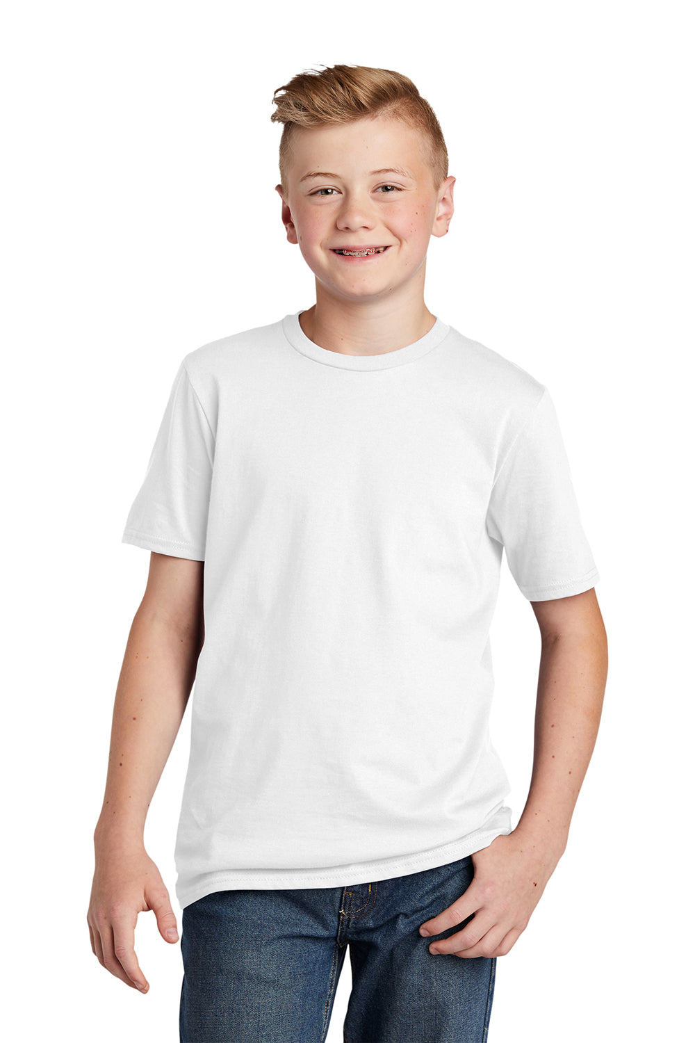 District DT6000Y Youth Very Important Short Sleeve Crewneck T-Shirt White Model Front