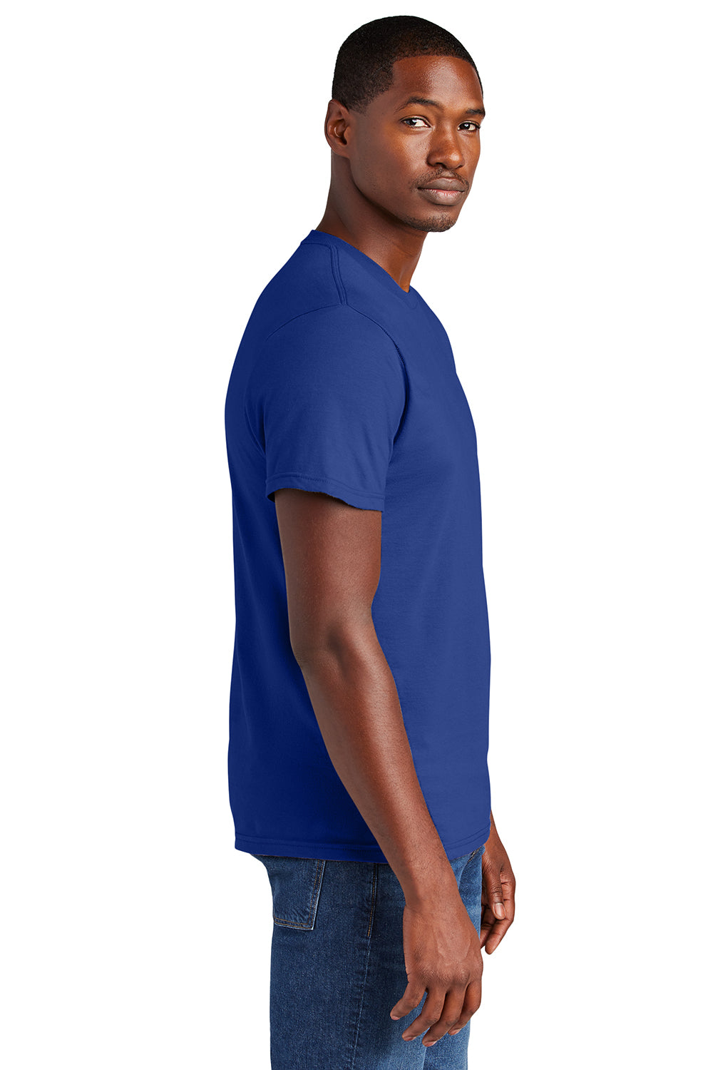 District DT6000 Mens Very Important Short Sleeve Crewneck T-Shirt Deep Royal Blue Model Side