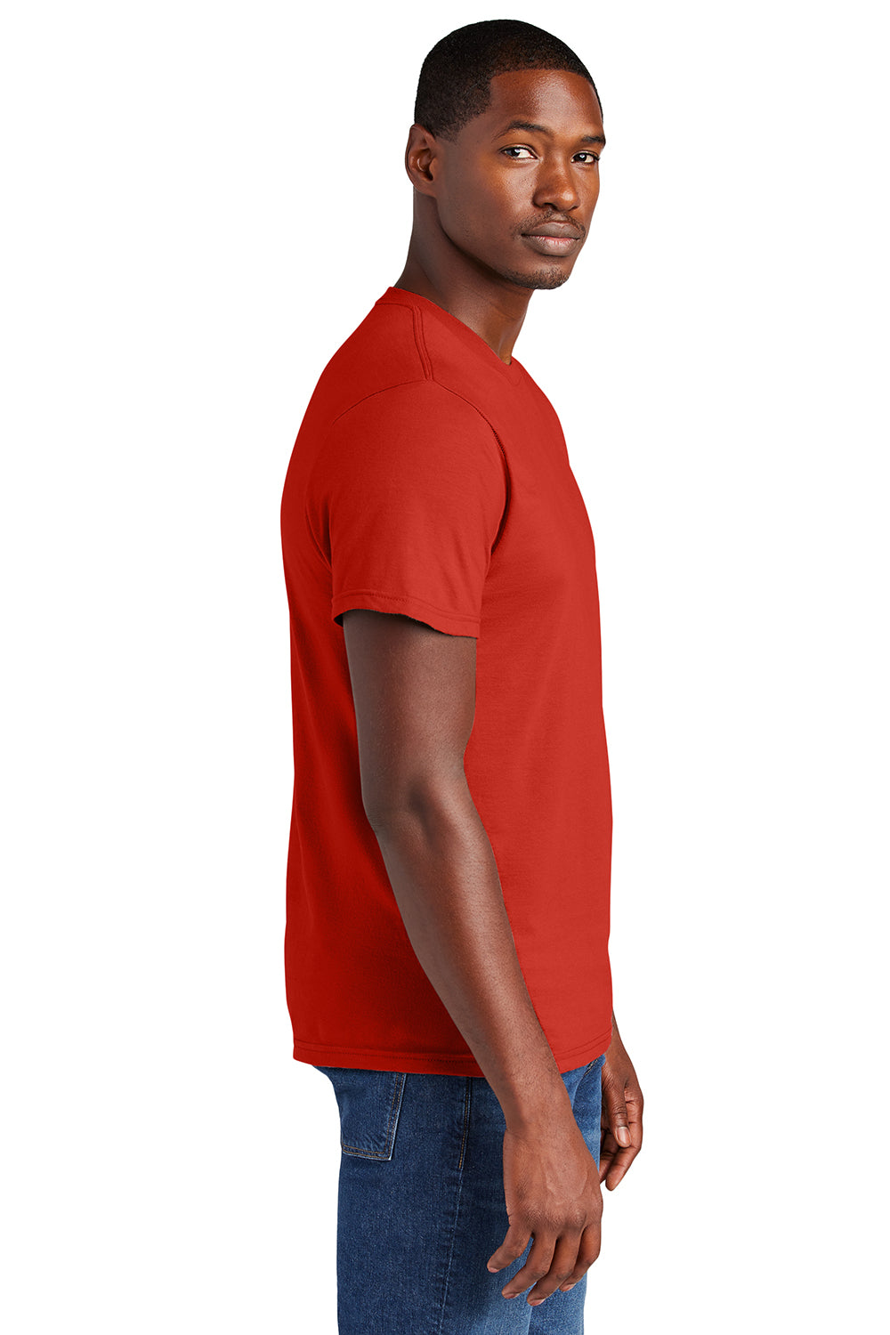 District DT6000 Mens Very Important Short Sleeve Crewneck T-Shirt Fiery Red Model Side