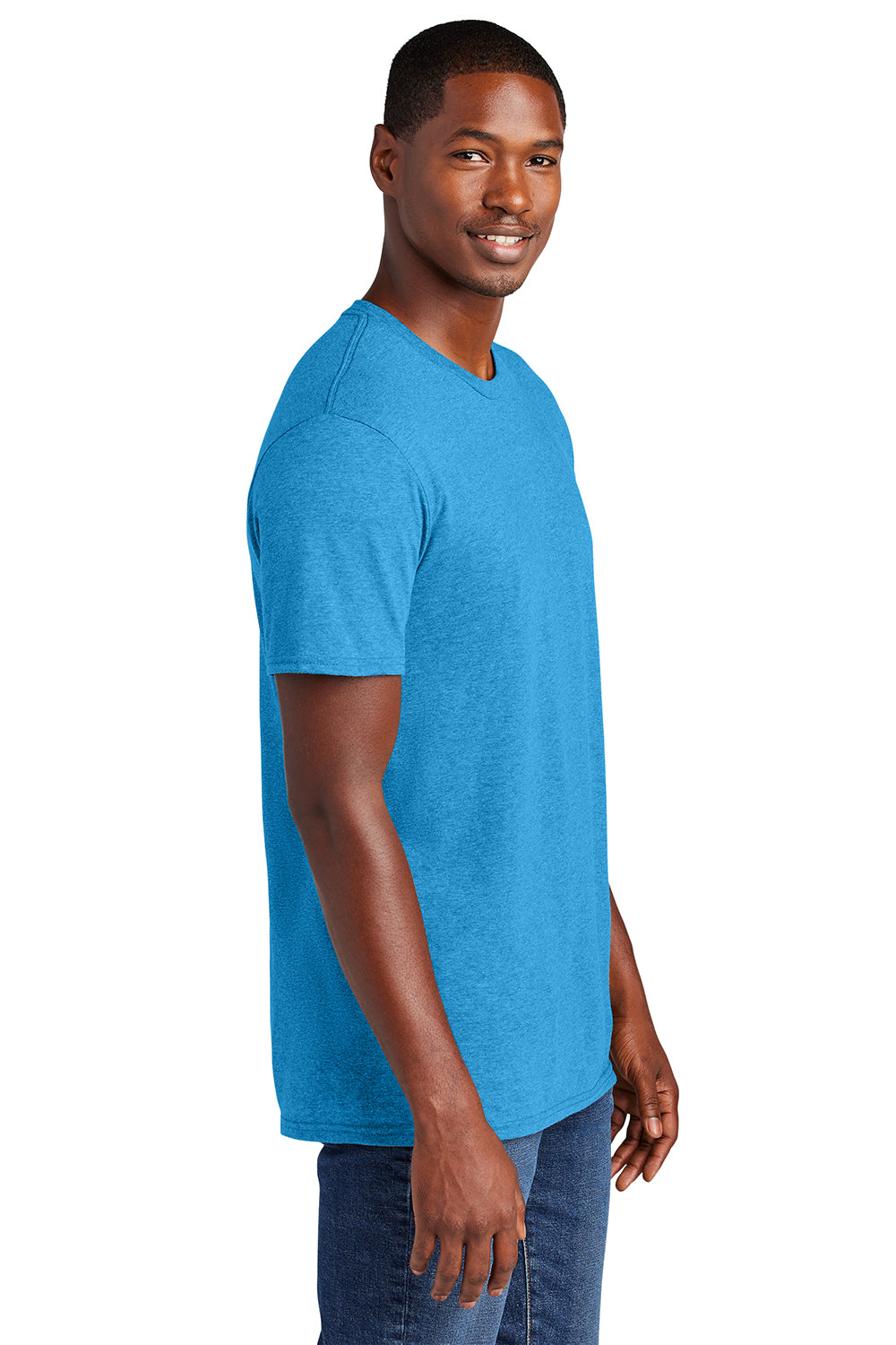 District DT6000 Mens Very Important Short Sleeve Crewneck T-Shirt Heather Bright Turquoise Blue Model Side