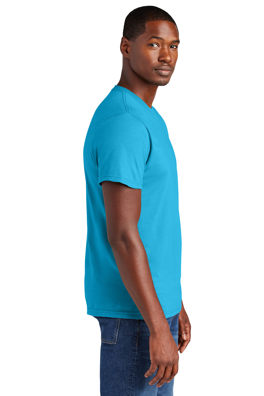 District DT6000 Mens Very Important Short Sleeve Crewneck T-Shirt Light Turquoise Blue Model Side