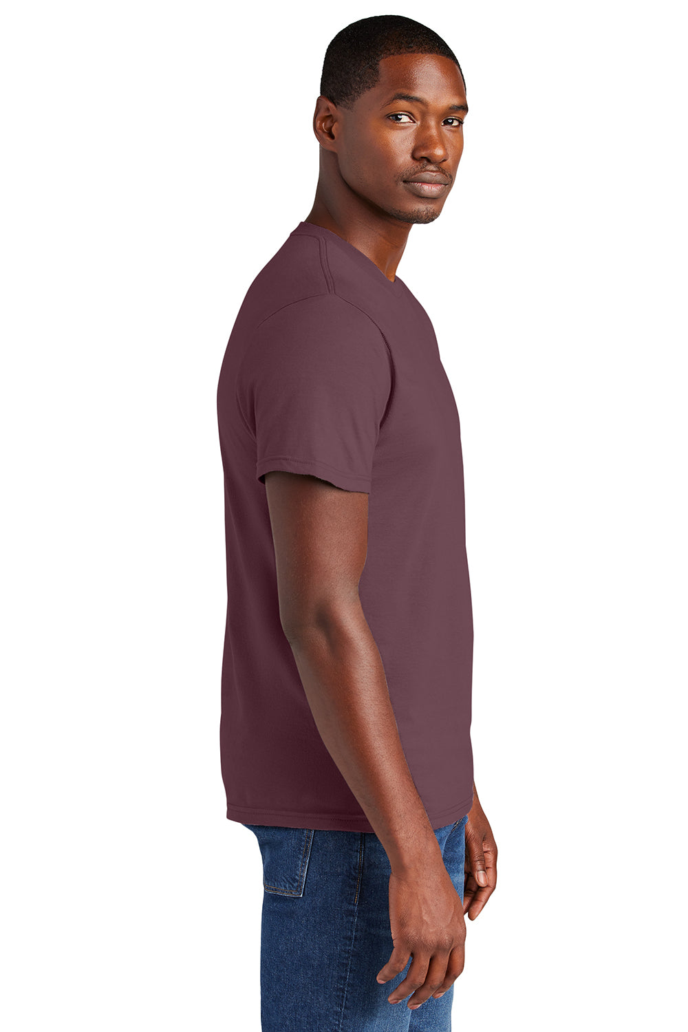 District DT6000 Mens Very Important Short Sleeve Crewneck T-Shirt Plum Purple Model Side