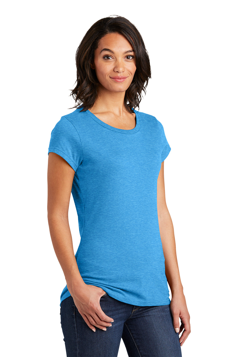 District DT6001 Womens Very Important Short Sleeve Crewneck T-Shirt Heather Bright Turquoise Blue Model 3q