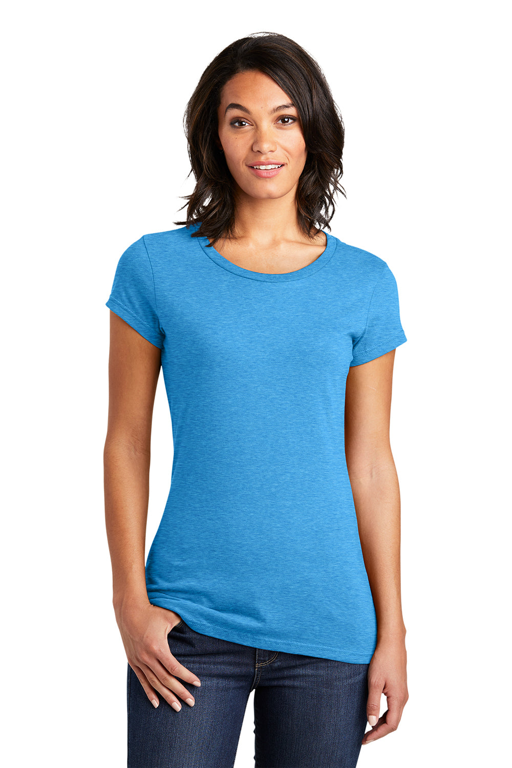 District DT6001 Womens Very Important Short Sleeve Crewneck T-Shirt Heather Bright Turquoise Blue Model Front