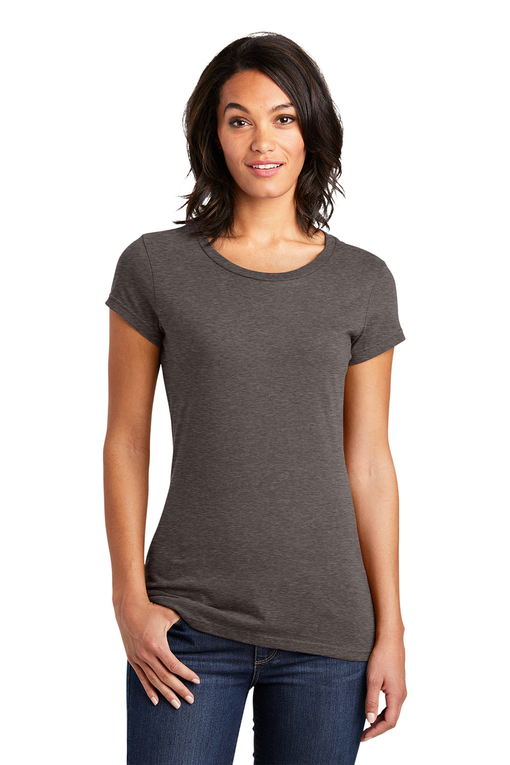 District DT6001 Womens Very Important Short Sleeve Crewneck T-Shirt Heather Brown Model Front