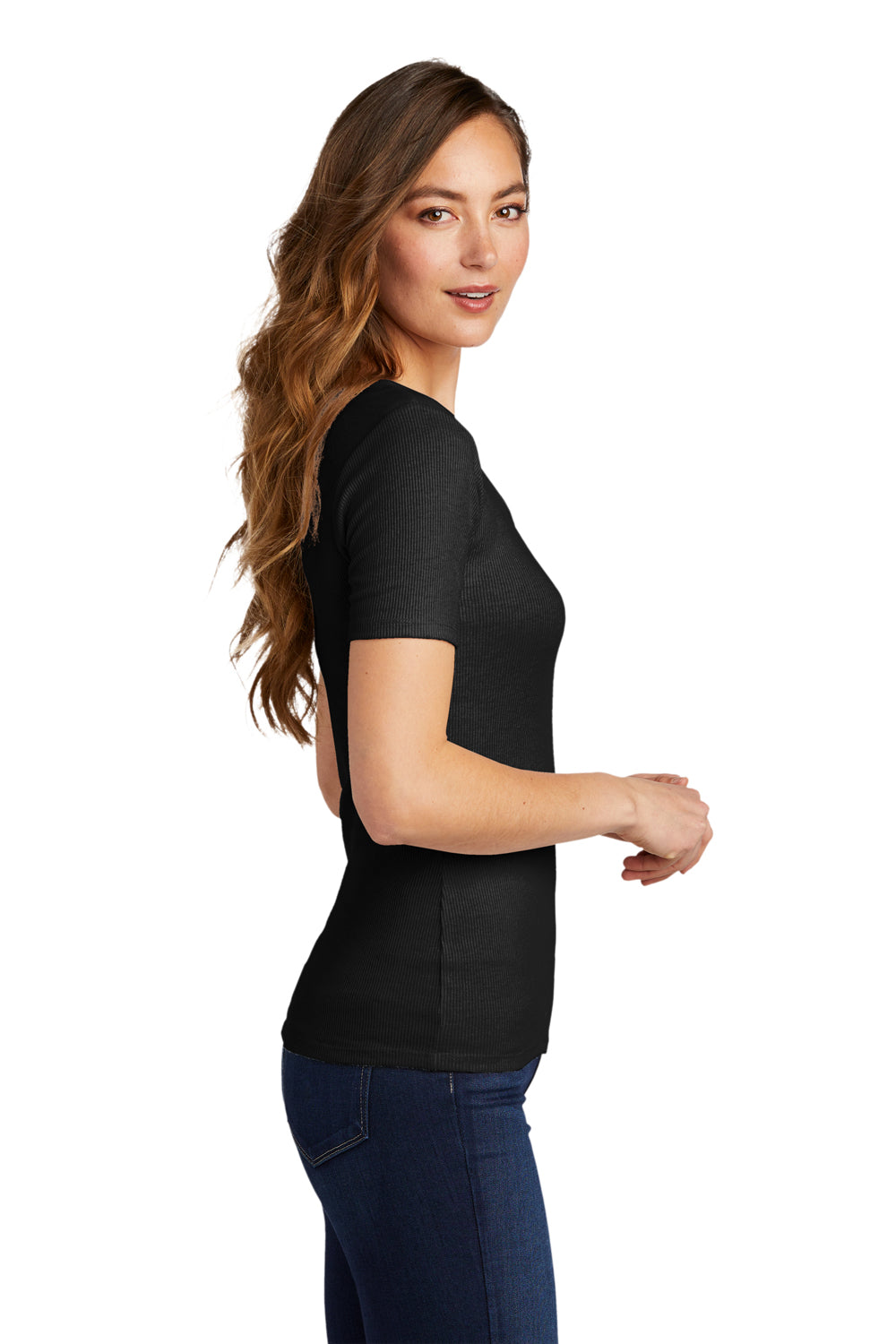 District DT6020 Womens Very Important Short Sleeve Scoop Neck T-Shirt Black Model Side