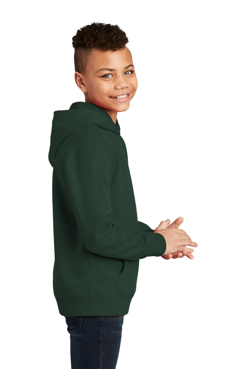 District DT6100Y Youth Very Important Fleece Hooded Sweatshirt Hoodie Forest Green Model Side