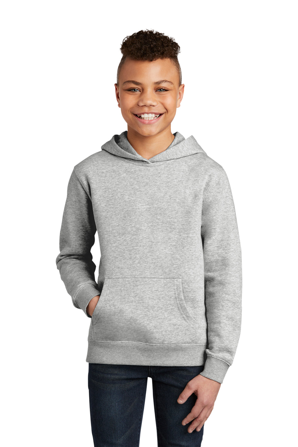 District DT6100Y Youth Very Important Fleece Hooded Sweatshirt Hoodie Heather Light Grey Model Front