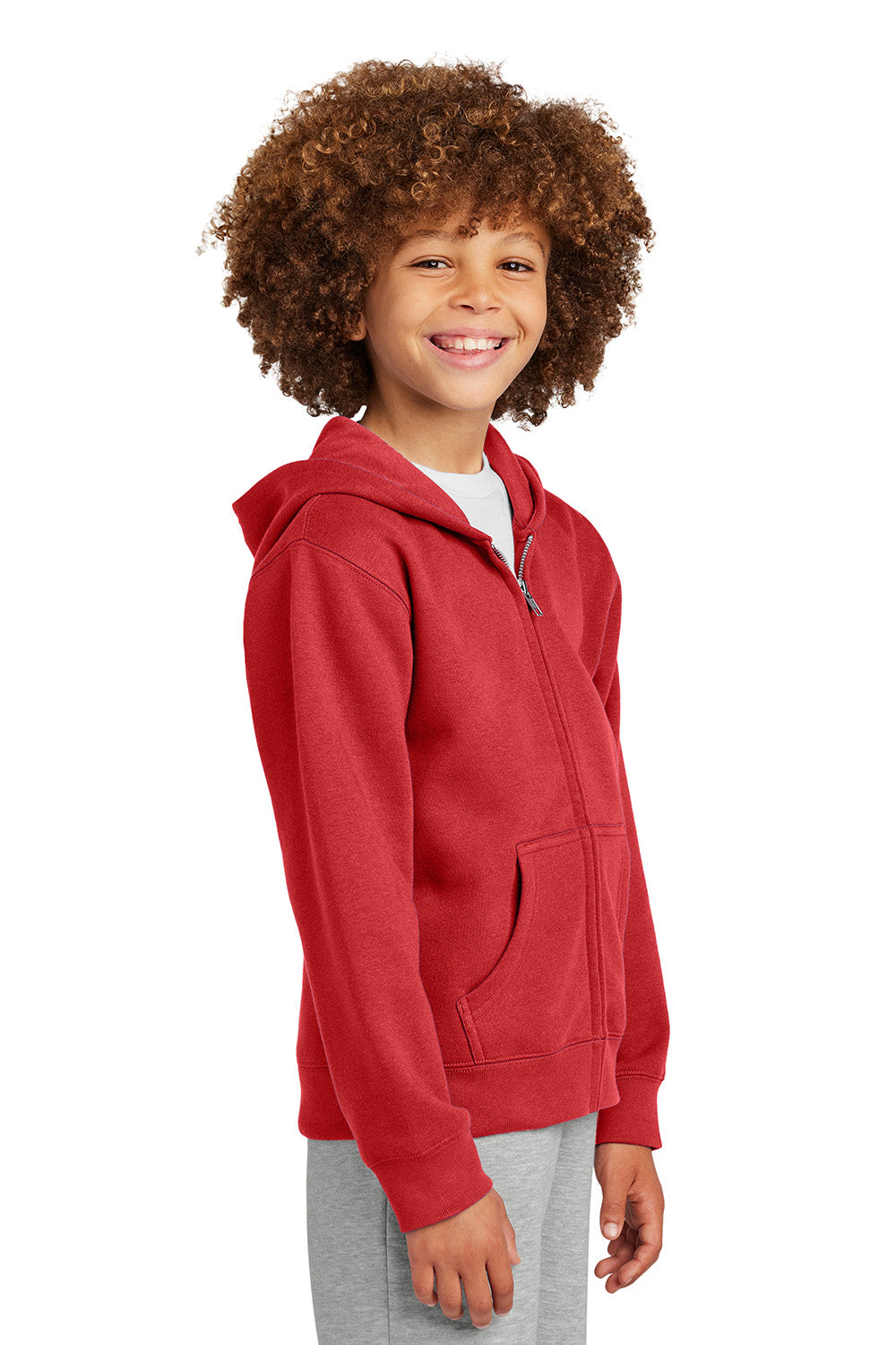 District DT6102Y Youth V.I.T. Fleece Full Zip Hooded Sweatshirt Hoodie Classic Red Model Side