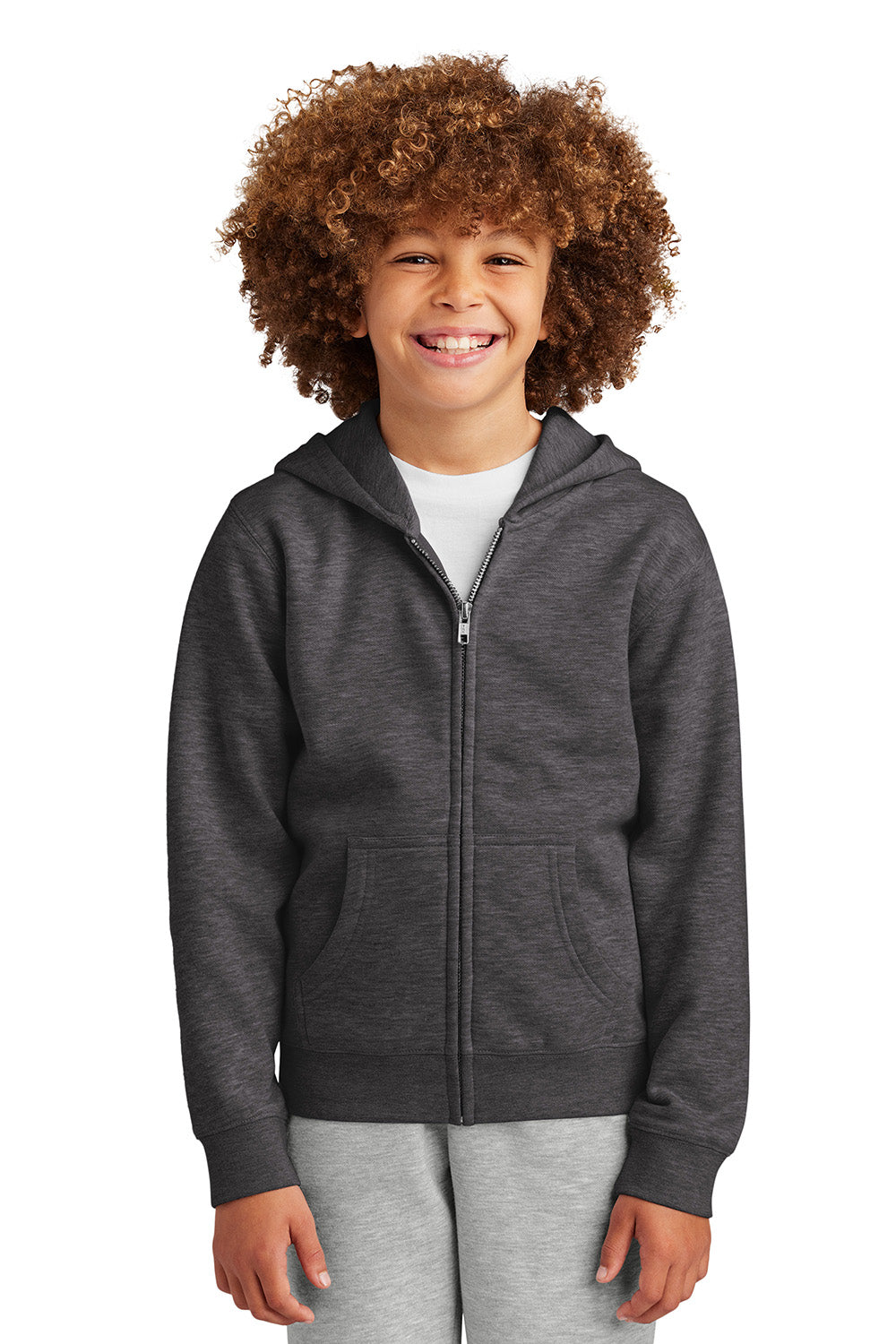 District DT6102Y Youth V.I.T. Fleece Full Zip Hooded Sweatshirt Hoodie Heather Charcoal Grey Model Front