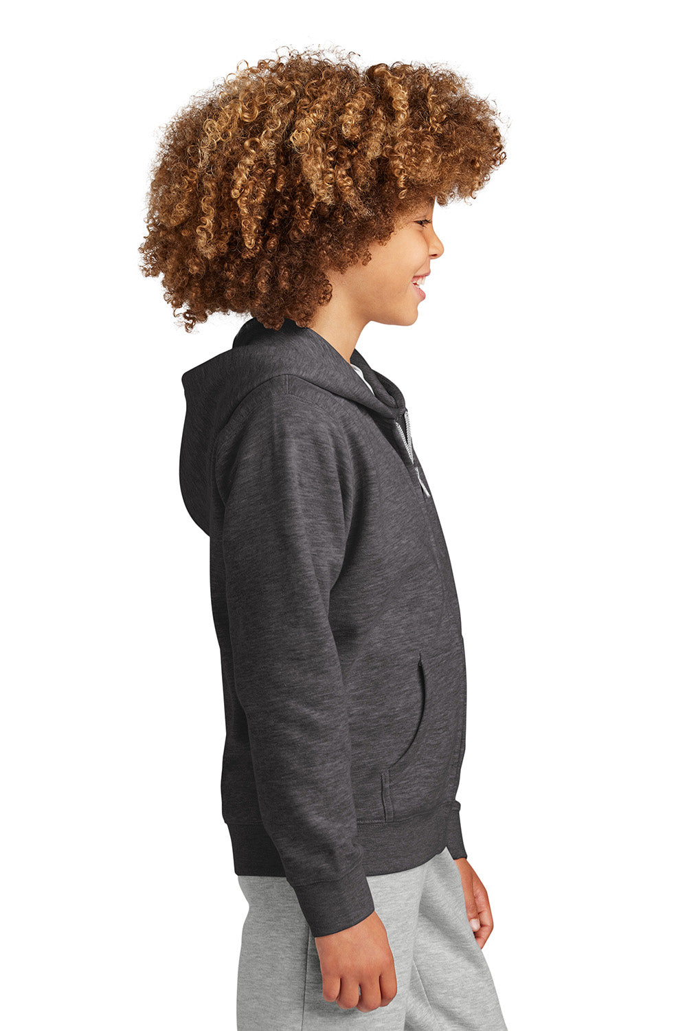 District DT6102Y Youth V.I.T. Fleece Full Zip Hooded Sweatshirt Hoodie Heather Charcoal Grey Model Side