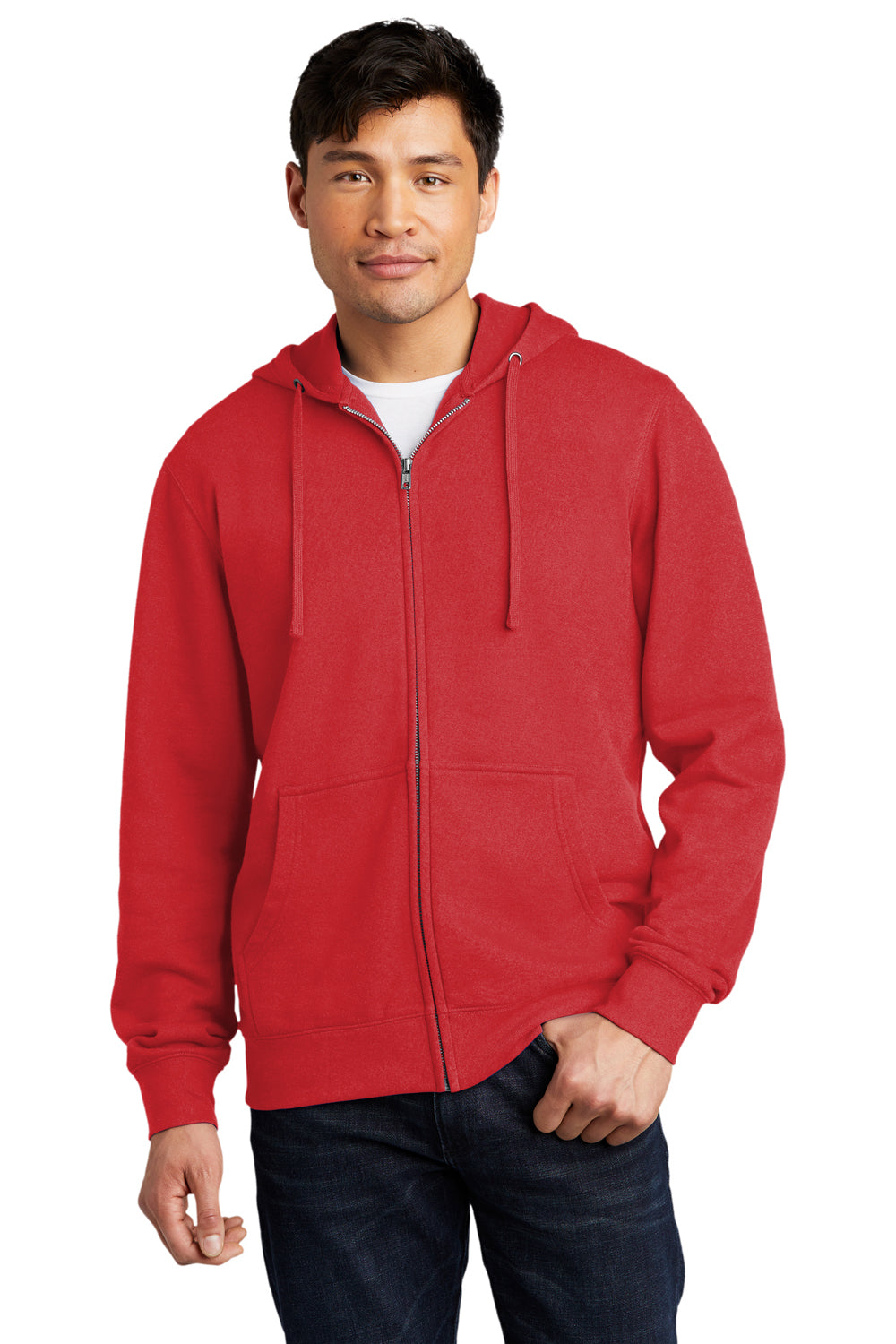 District DT6102 Mens Very Important Fleece Full Zip Hooded Sweatshirt Hoodie Classic Red Model Front