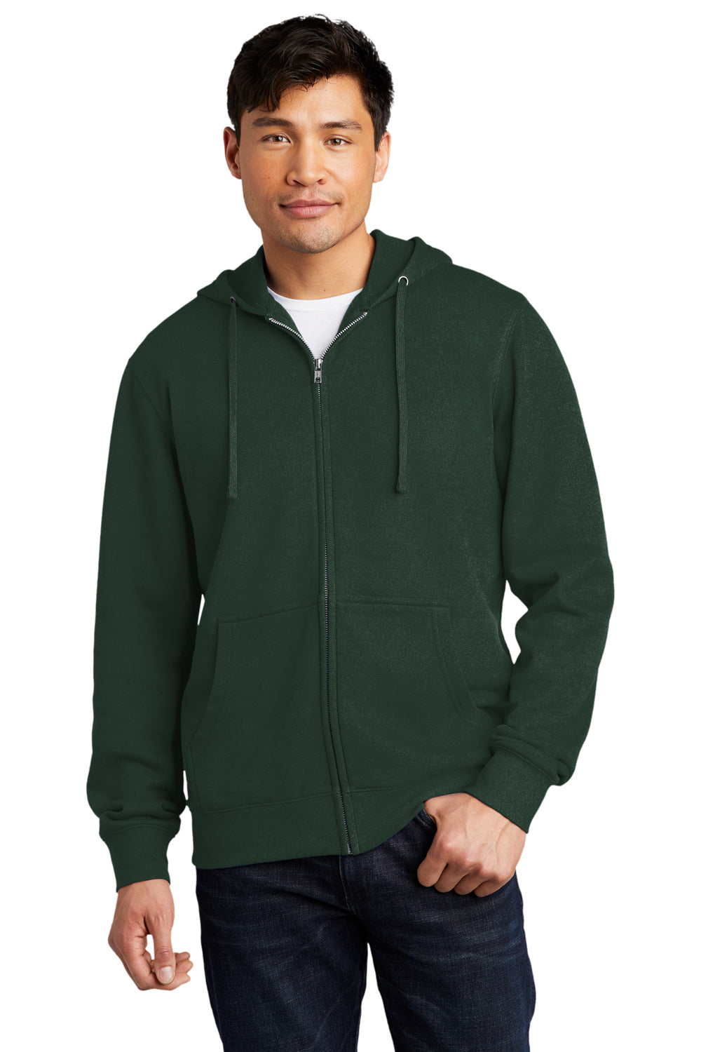 District DT6102 Mens Very Important Fleece Full Zip Hooded Sweatshirt Hoodie Forest Green Model Front