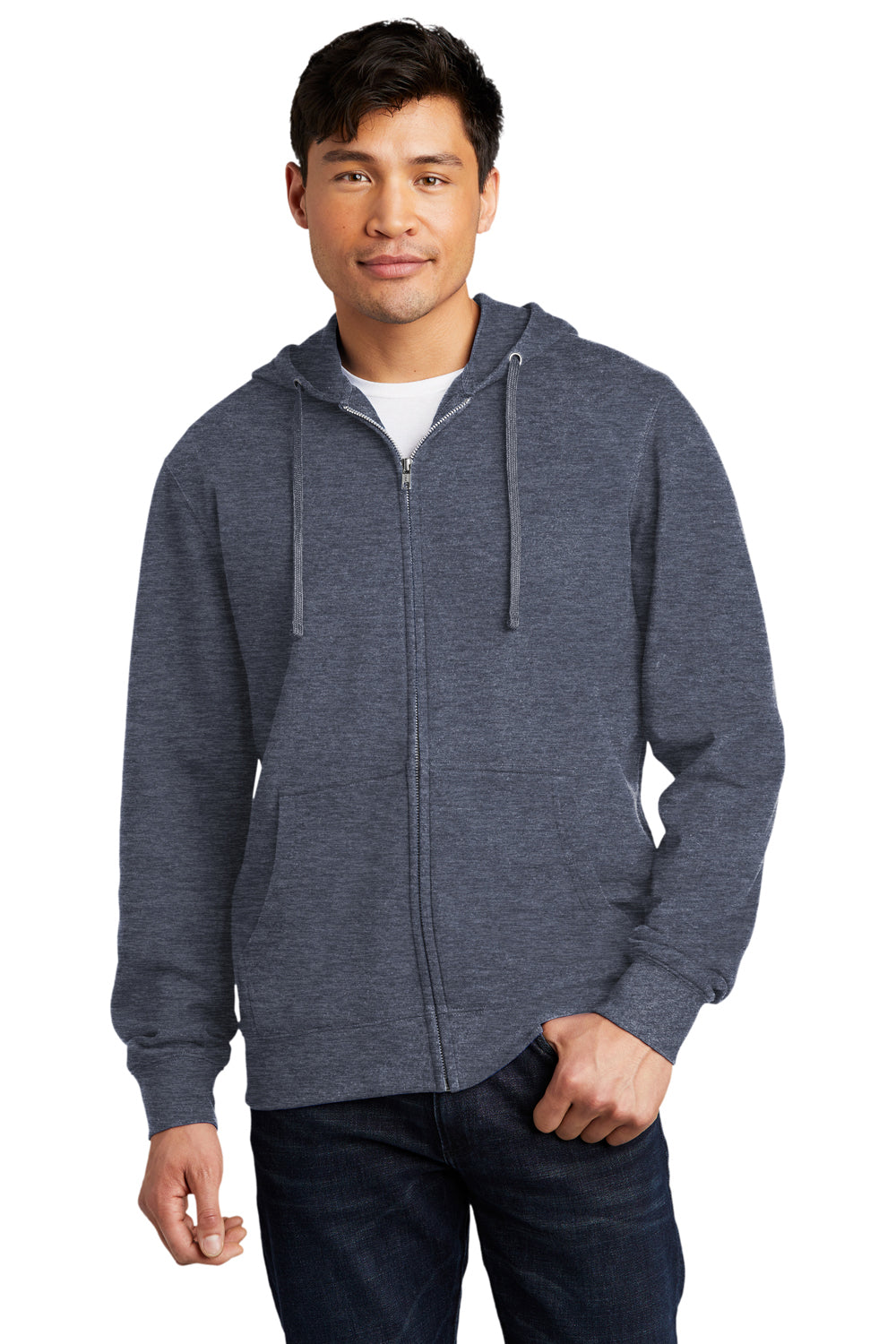 District DT6102 Mens Very Important Fleece Full Zip Hooded Sweatshirt Hoodie Heather Navy Blue Model Front