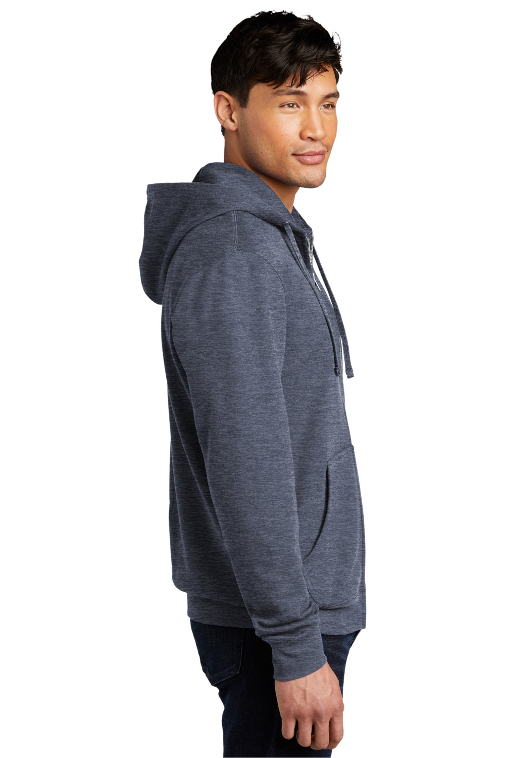 District DT6102 Mens Very Important Fleece Full Zip Hooded Sweatshirt Hoodie Heather Navy Blue Model Side