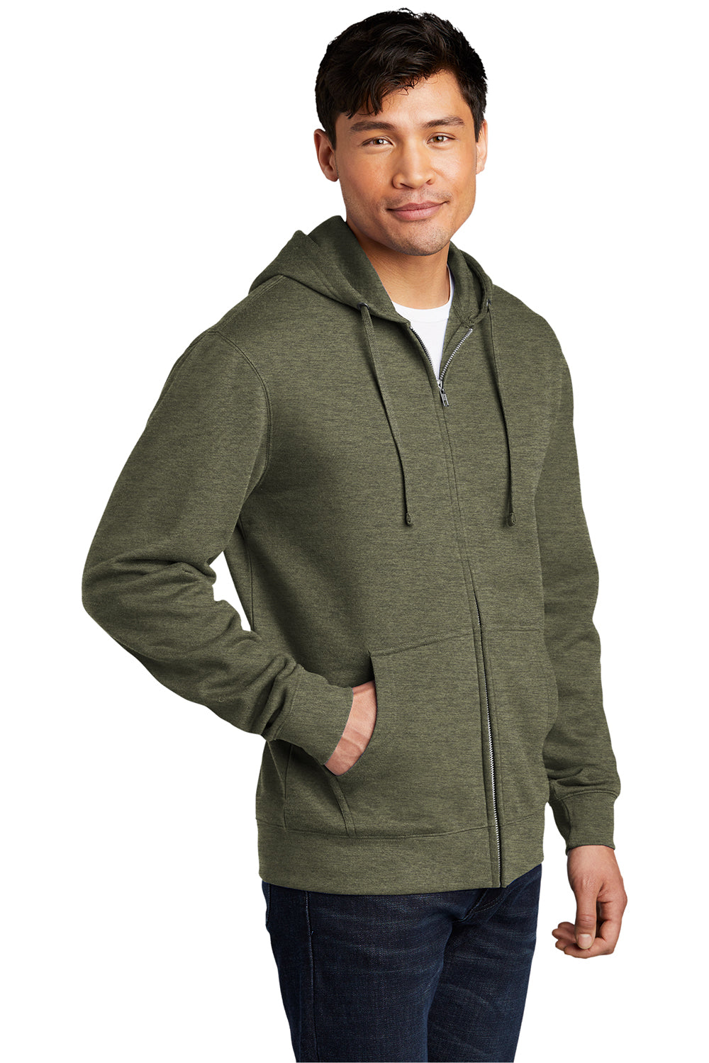 District DT6102 Mens Very Important Fleece Full Zip Hooded Sweatshirt Hoodie Heather Olive Green Model 3q