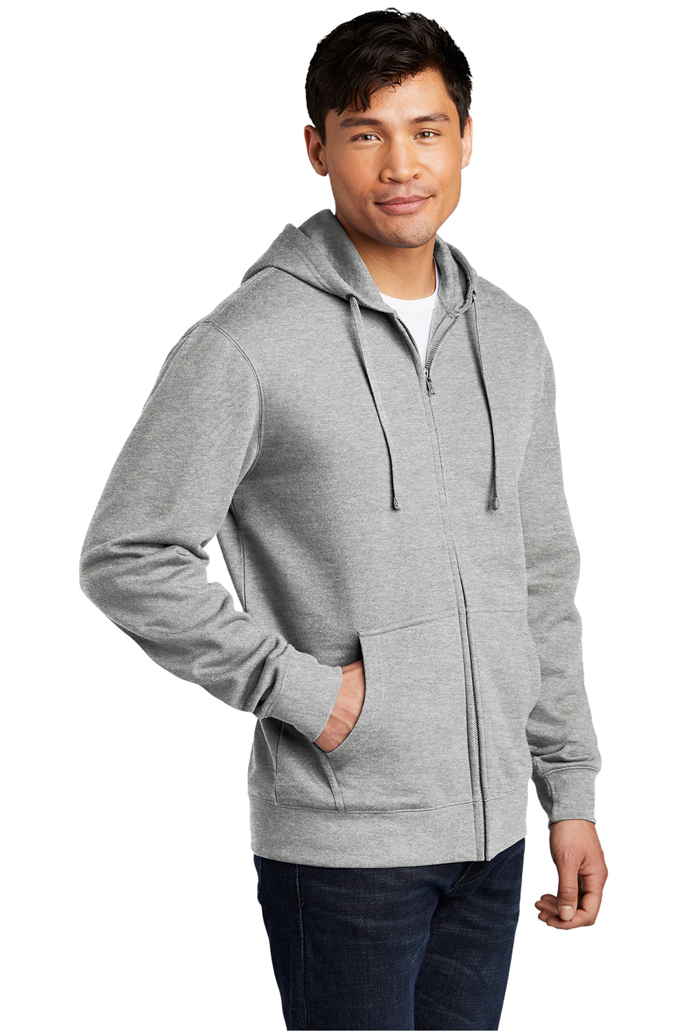 District DT6102 Mens Very Important Fleece Full Zip Hooded Sweatshirt Hoodie Heather Light Grey Model 3q