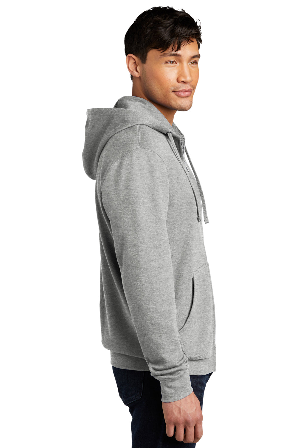 District DT6102 Mens Very Important Fleece Full Zip Hooded Sweatshirt Hoodie Heather Light Grey Model Side