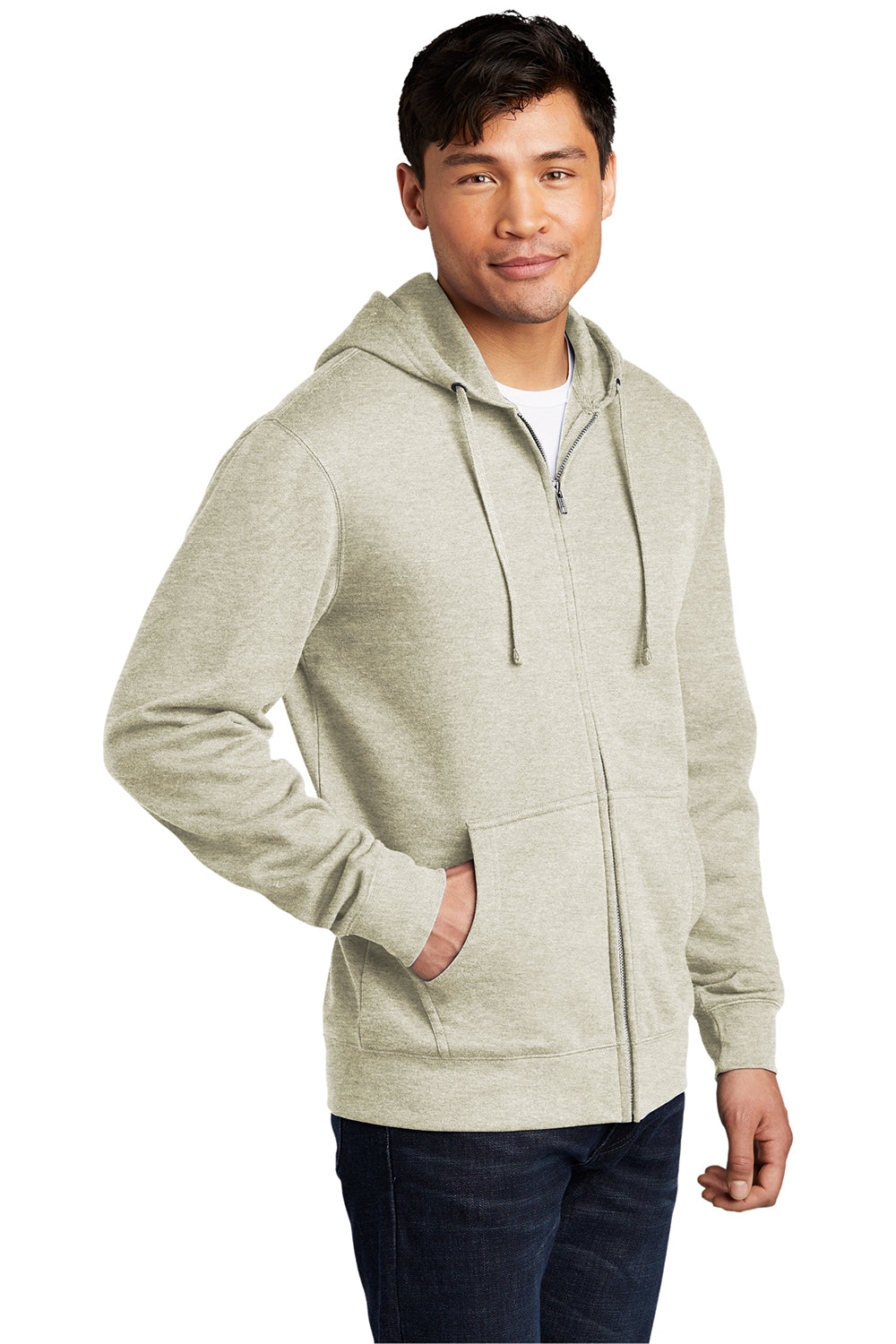 District DT6102 Mens Very Important Fleece Full Zip Hooded Sweatshirt Hoodie Heather Oatmeal Model 3q