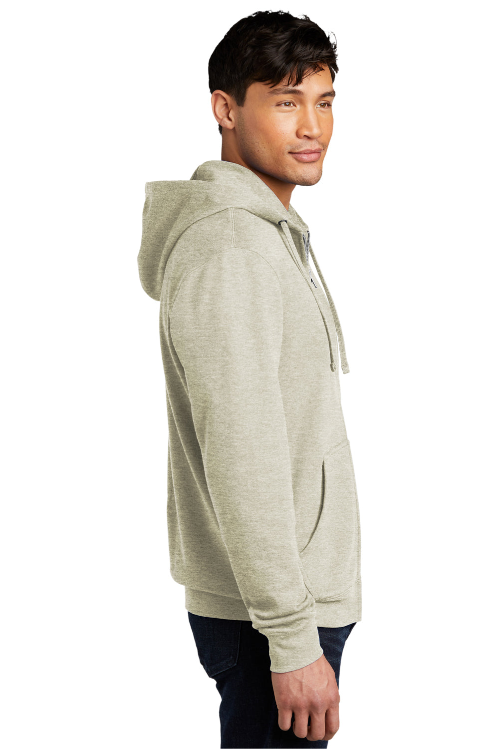 District DT6102 Mens Very Important Fleece Full Zip Hooded Sweatshirt Hoodie Heather Oatmeal Model Side