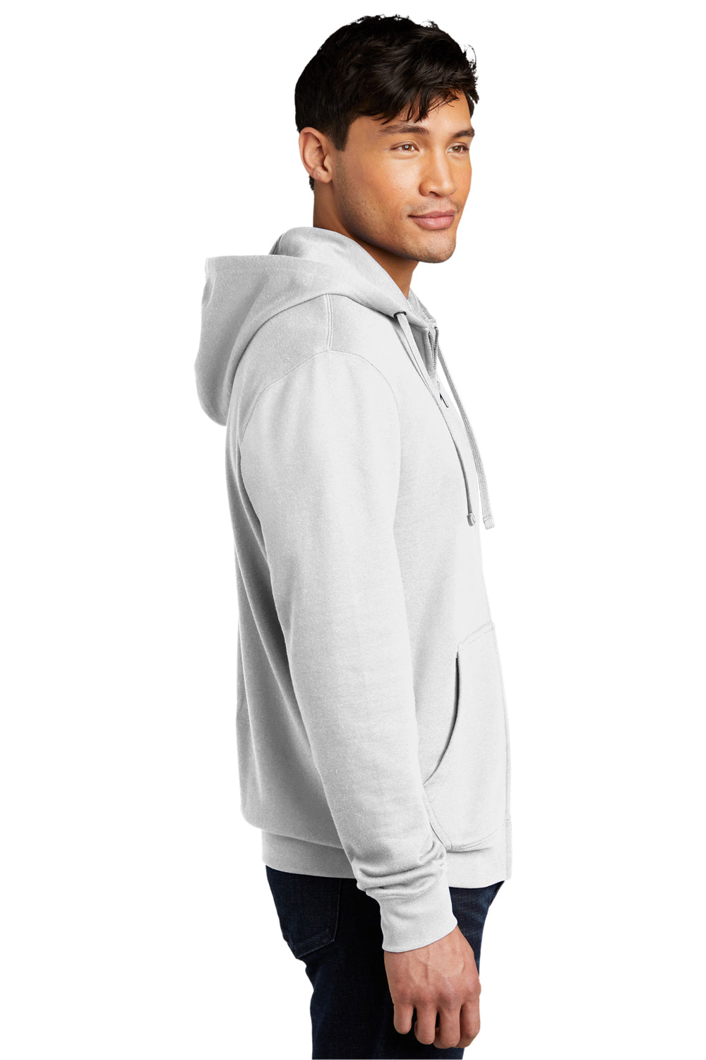 District DT6102 Mens Very Important Fleece Full Zip Hooded Sweatshirt Hoodie White Model Side