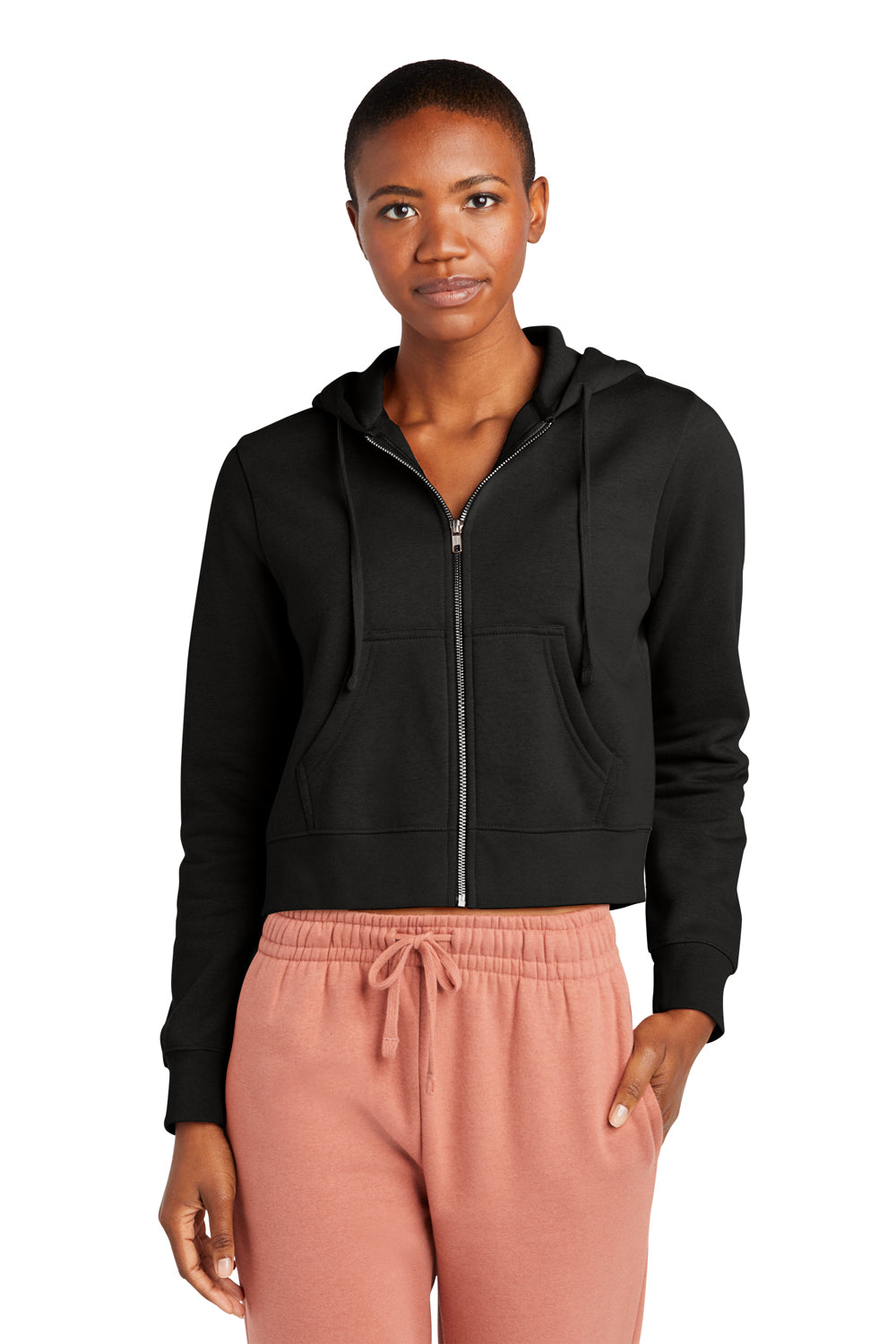 District DT6103 Womens V.I.T. Fleece Full Zip Hooded Sweatshirt Hoodie Black Model Front