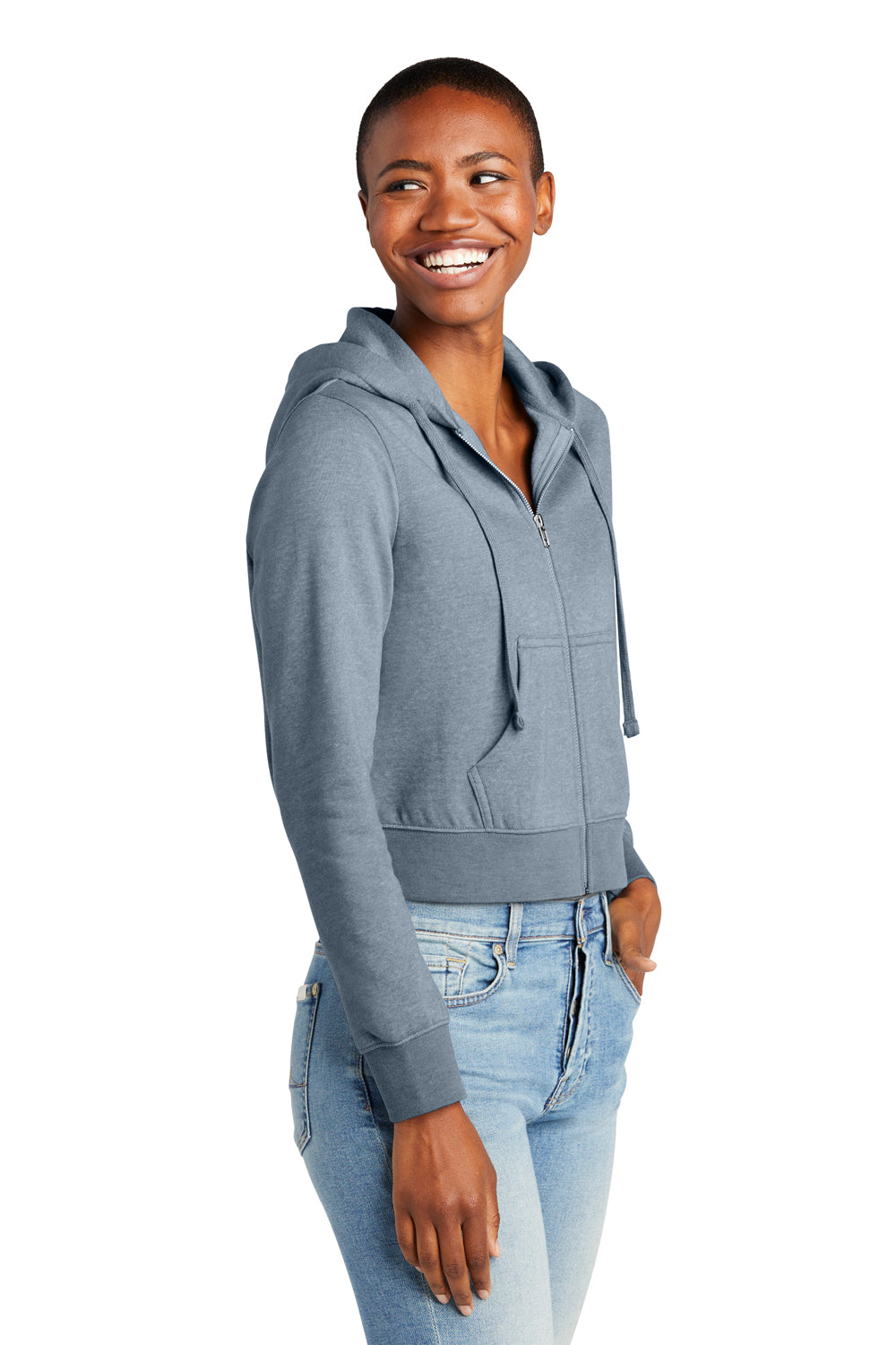 District DT6103 Womens V.I.T. Fleece Full Zip Hooded Sweatshirt Hoodie Heather Flint Blue Model 3q