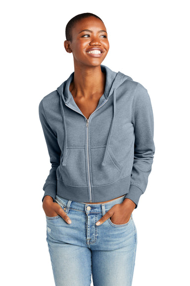 District DT6103 Womens V.I.T. Fleece Full Zip Hooded Sweatshirt Hoodie Heather Flint Blue Model Front