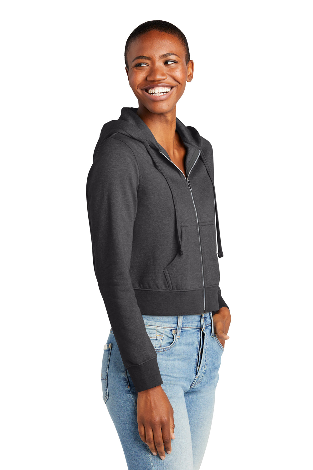 District DT6103 Womens V.I.T. Fleece Full Zip Hooded Sweatshirt Hoodie Heather Charcoal Grey Model 3q