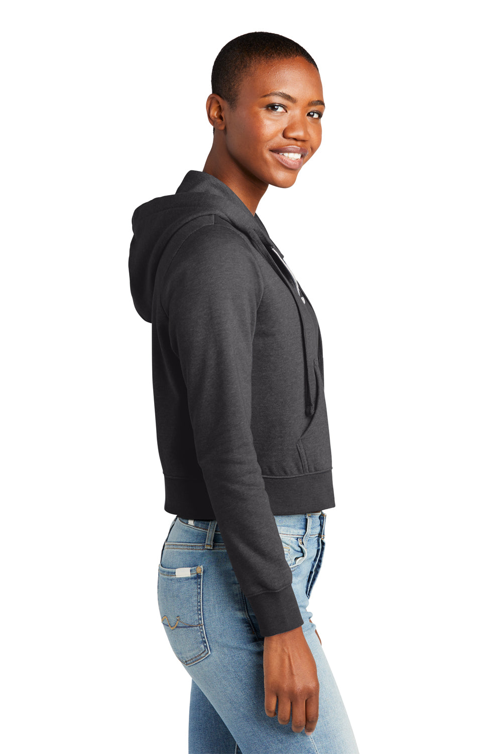 District DT6103 Womens V.I.T. Fleece Full Zip Hooded Sweatshirt Hoodie Heather Charcoal Grey Model Side