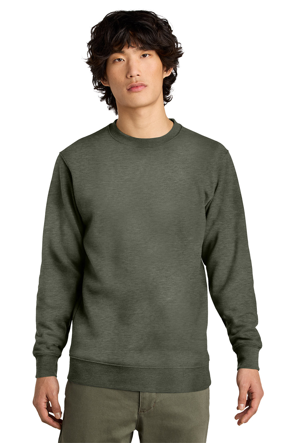 District DT6104 Mens Very Important Fleece Crewneck Sweatshirt Heather Olive Green Model Front