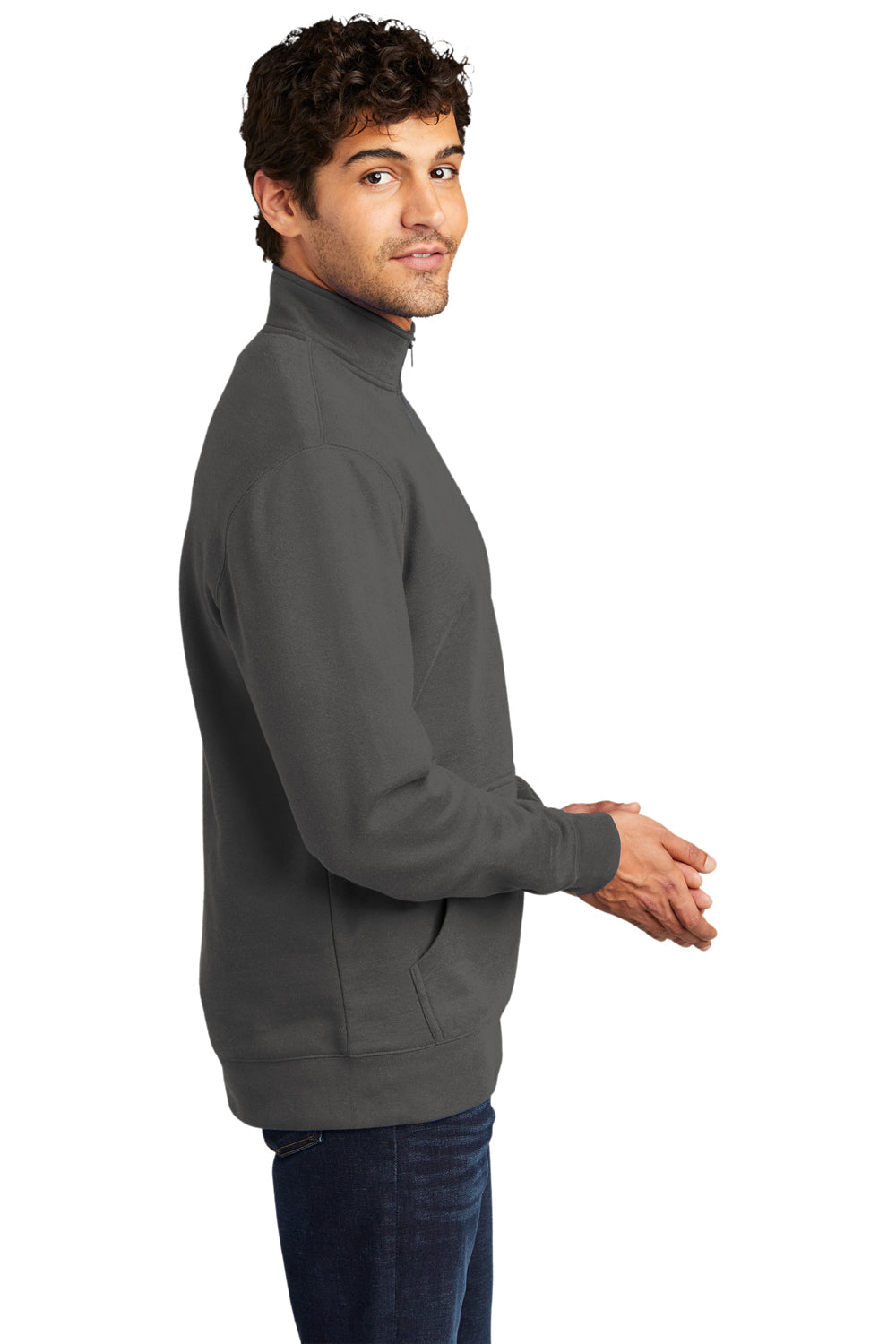 District DT6106 Mens Very Important 1/4 Zip Sweatshirt Charcoal Grey Model Side