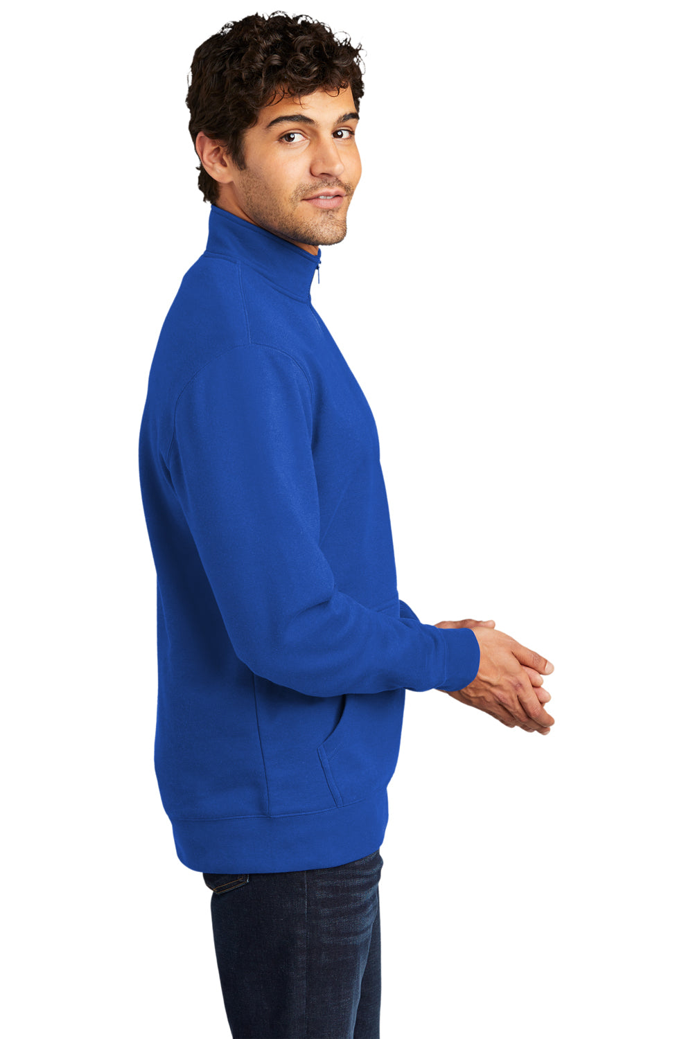 District DT6106 Mens Very Important 1/4 Zip Sweatshirt Deep Royal Blue Model Side