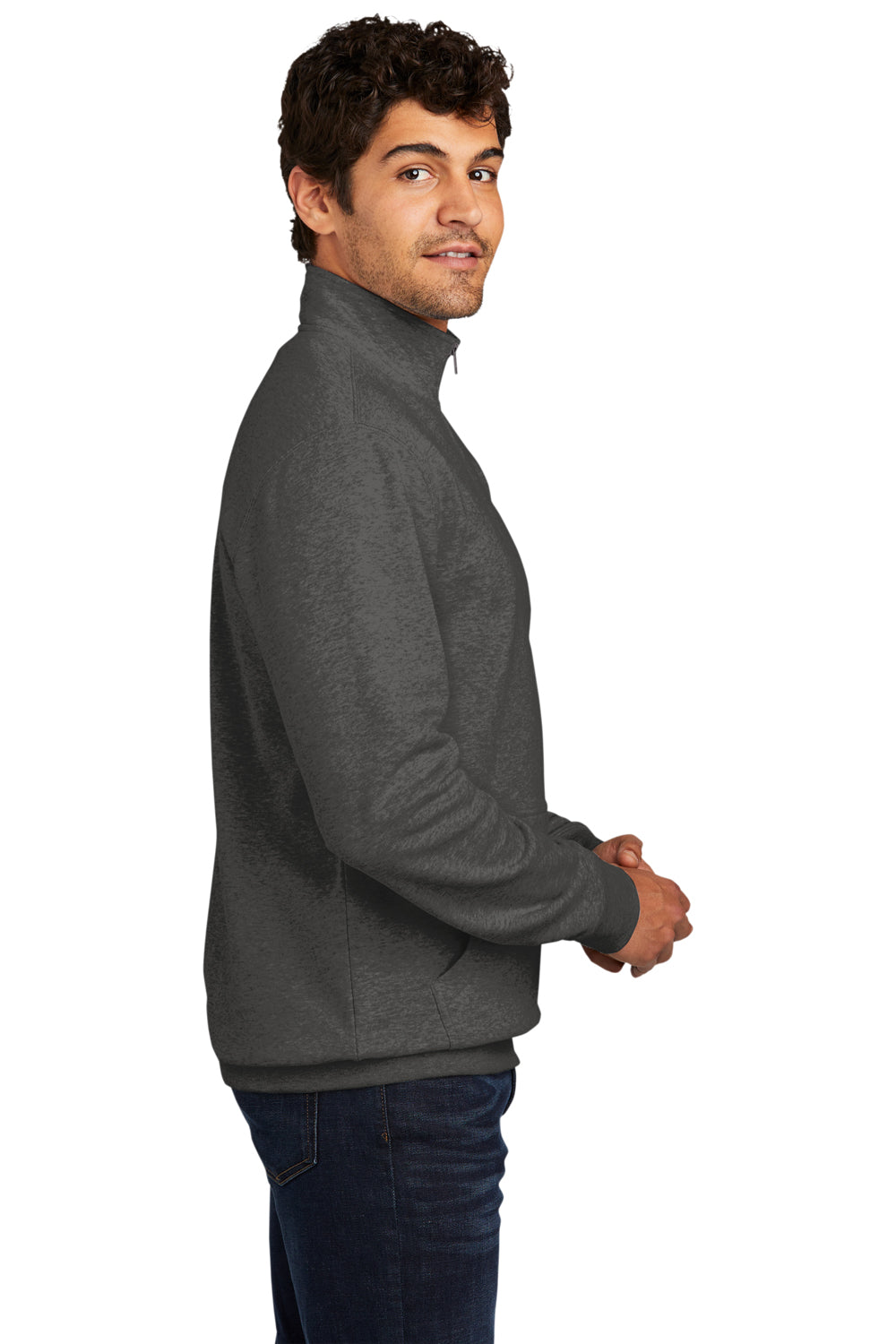 District DT6106 Mens Very Important 1/4 Zip Sweatshirt Heather Charcoal Grey Model Side