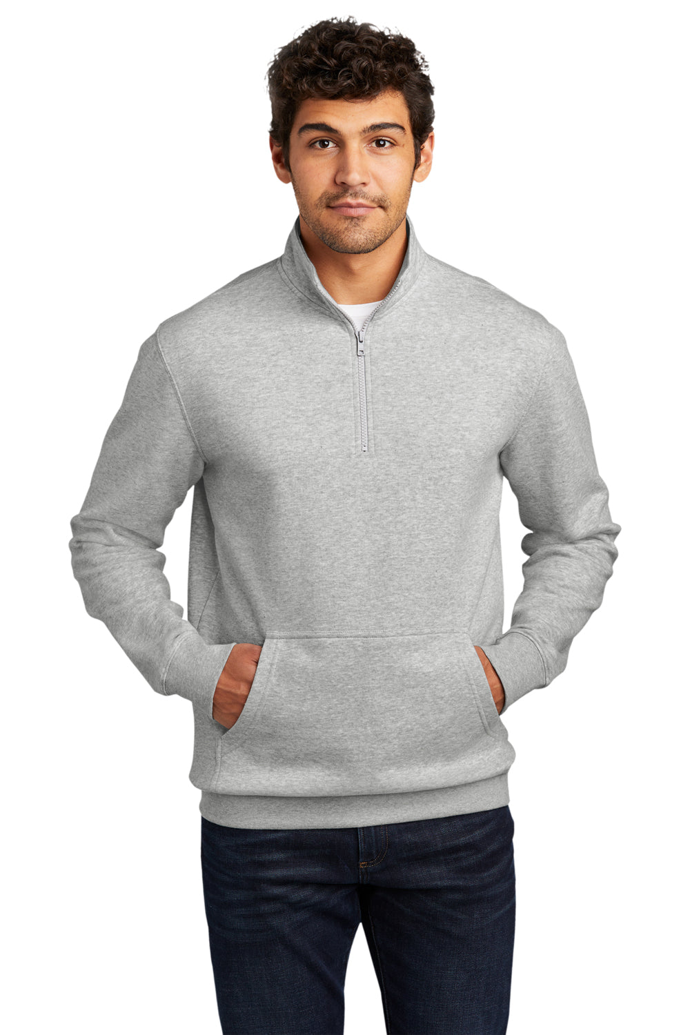 District DT6106 Mens Very Important 1/4 Zip Sweatshirt Heather Light Grey Model Front