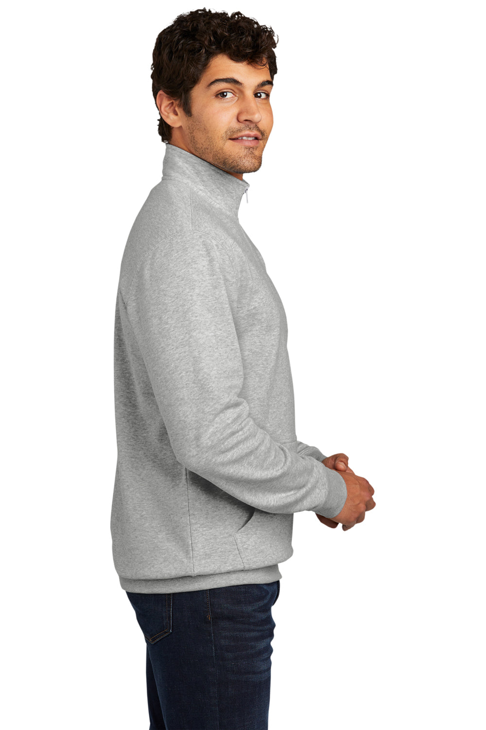 District DT6106 Mens Very Important 1/4 Zip Sweatshirt Heather Light Grey Model Side