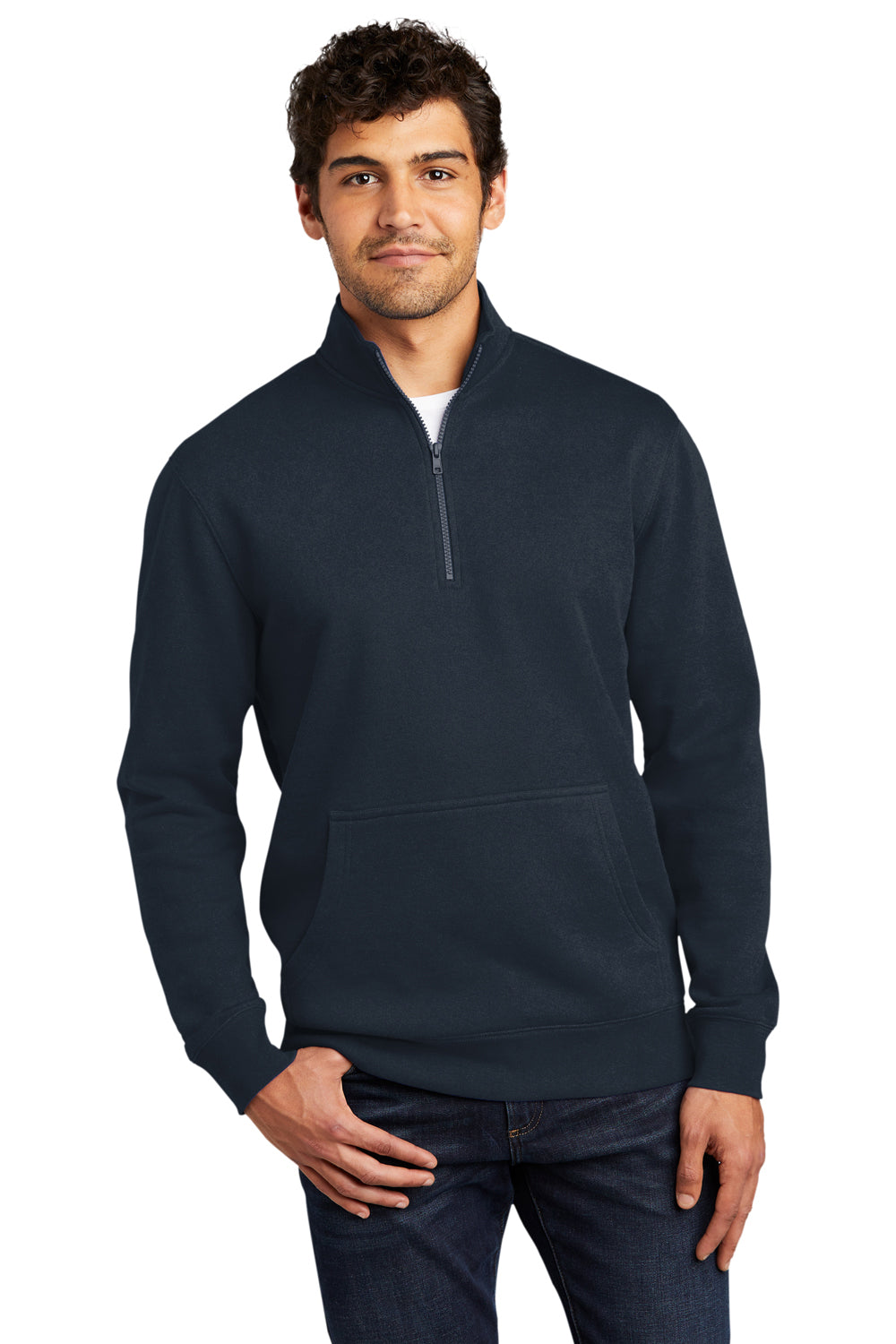 District DT6106 Mens Very Important 1/4 Zip Sweatshirt New Navy Blue Model Front