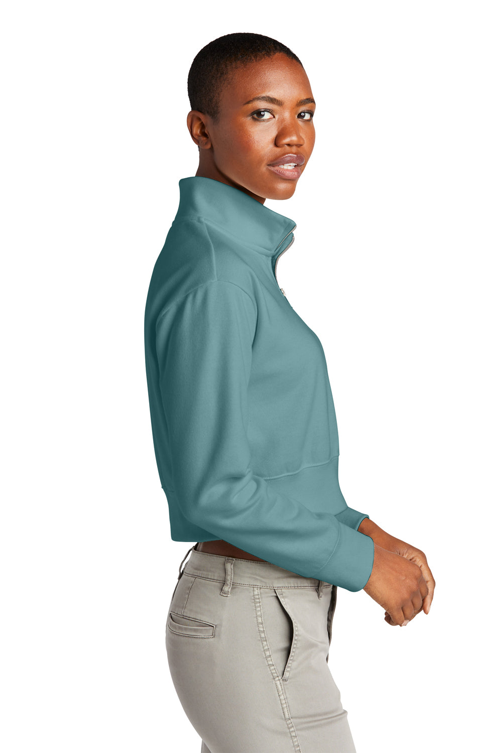 District DT6111 Womens V.I.T. Fleece 1/4 Zip Sweatshirt Eucalyptus Blue Model Side