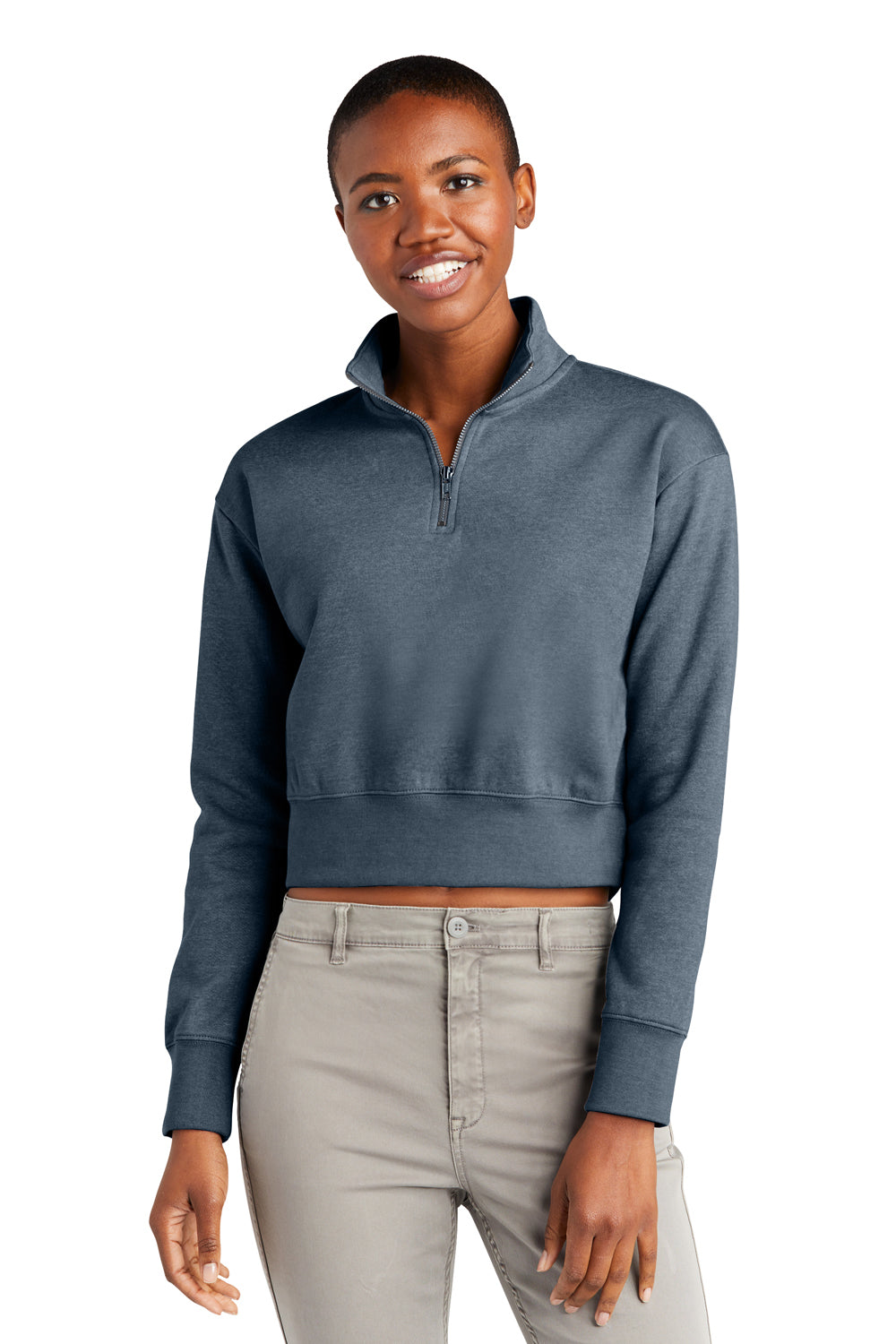 District DT6111 Womens V.I.T. Fleece 1/4 Zip Sweatshirt Heather Flint Blue Model Front