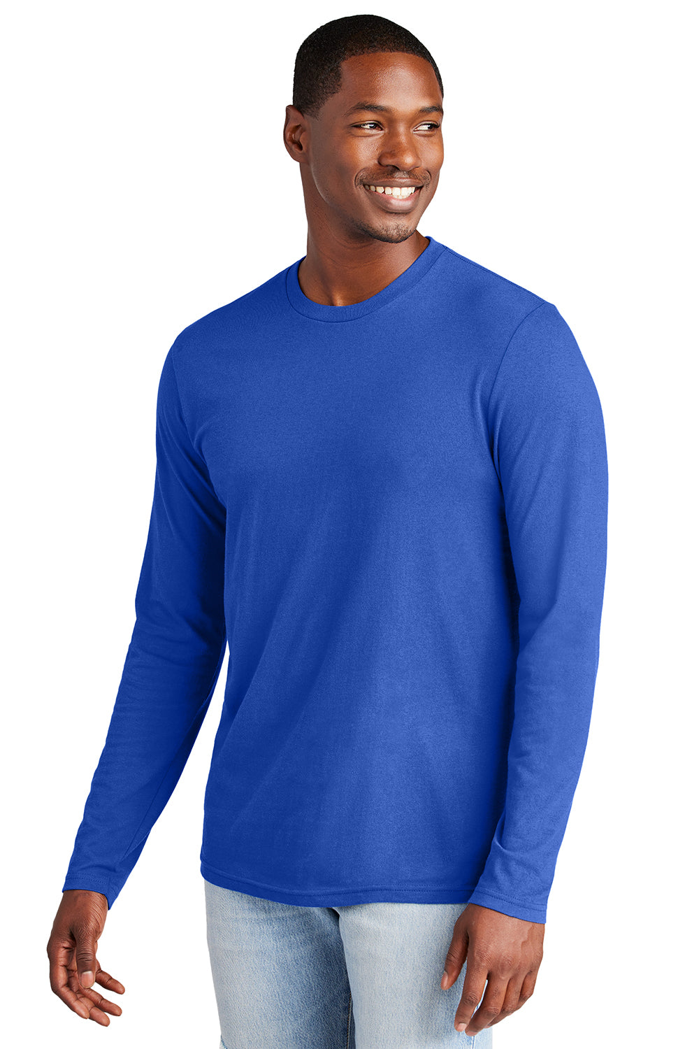 District DT6200 Mens Very Important Long Sleeve Crewneck T-Shirt Deep Royal Blue Model Front