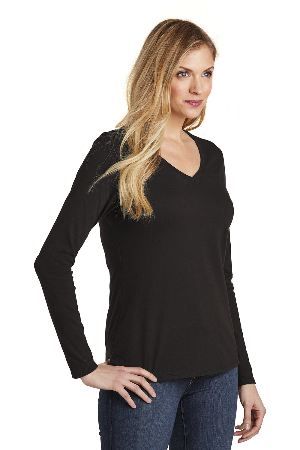 District DT6201 Womens Very Important Long Sleeve V-Neck T-Shirts Black Model 3q