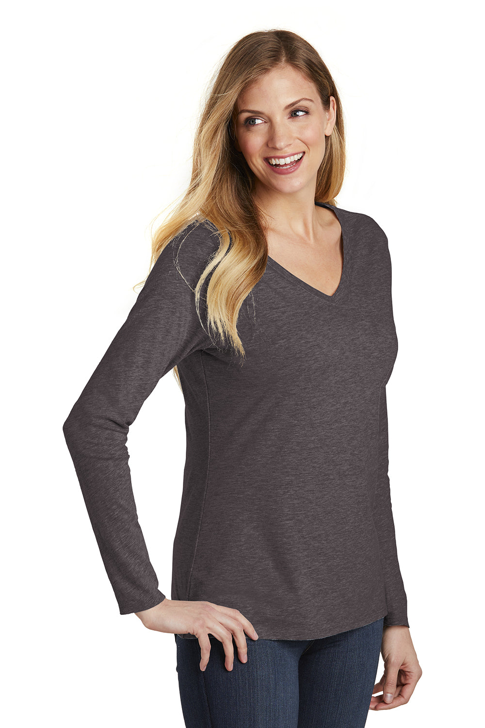 District DT6201 Womens Very Important Long Sleeve V-Neck T-Shirts Heather Charcoal Grey Model 3q