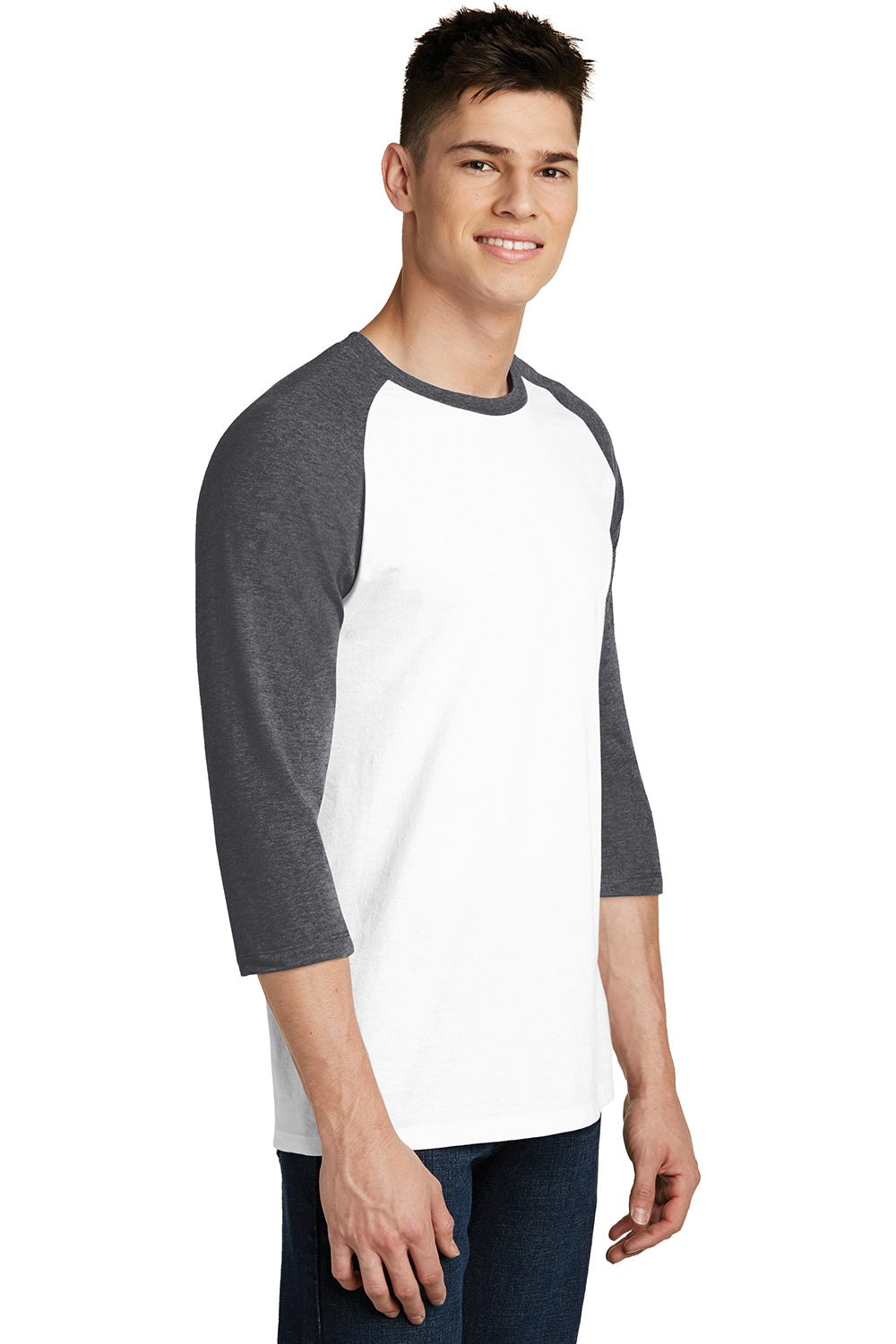 District DT6210 Mens Very Important 3/4 Sleeve Crewneck T-Shirt White/Heather Charcoal Grey Model 3q