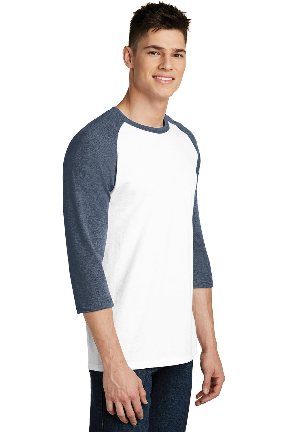 District DT6210 Mens Very Important 3/4 Sleeve Crewneck T-Shirt White/Heather Navy Blue Model 3q