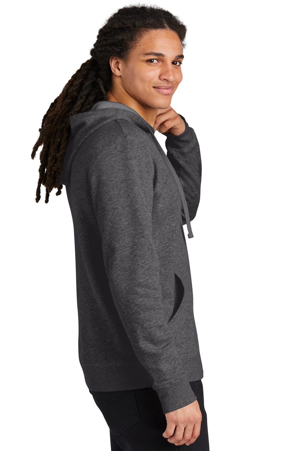 District DT6600 Mens V.I.T. Heavyweight Fleece Hooded Sweatshirt Hoodie Heather Charcoal Grey Model Side