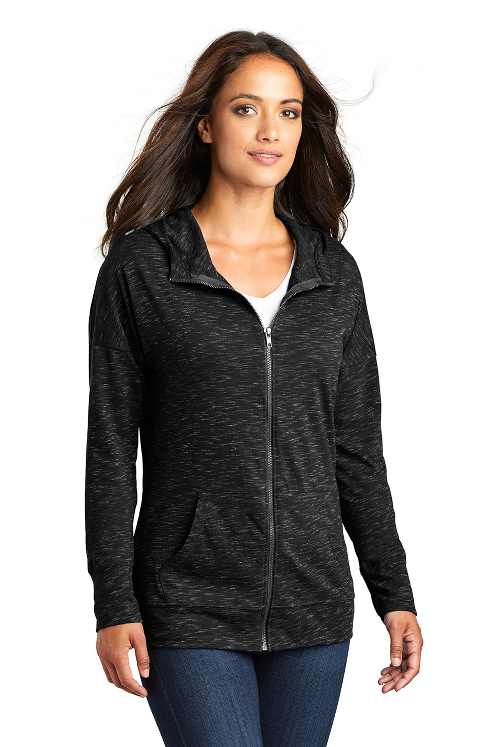 District DT665 Womens Medal Full Zip Hooded Sweatshirt Hoodie Black Model 3q