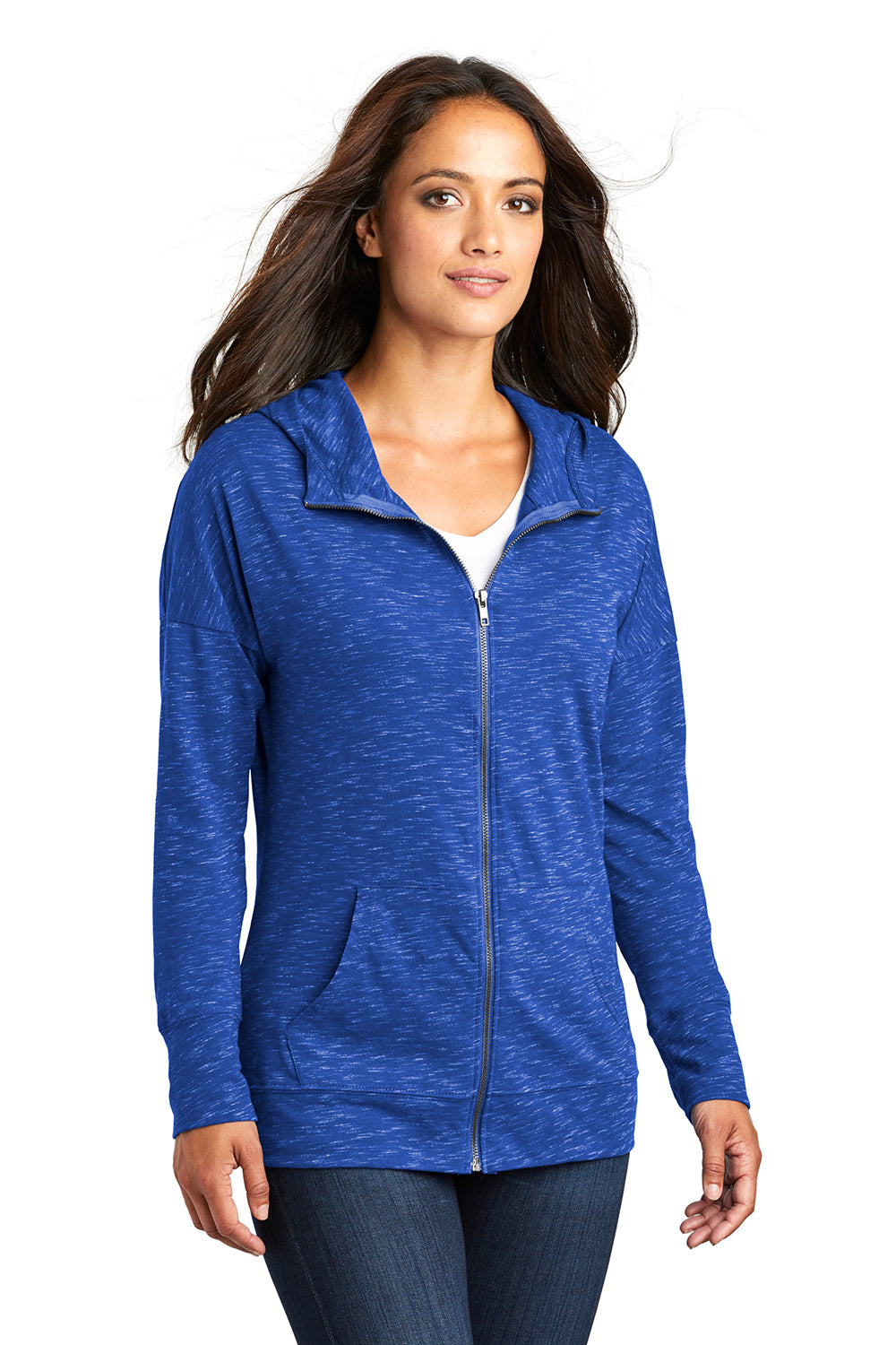 District DT665 Womens Medal Full Zip Hooded Sweatshirt Hoodie Deep Royal Blue Model 3q